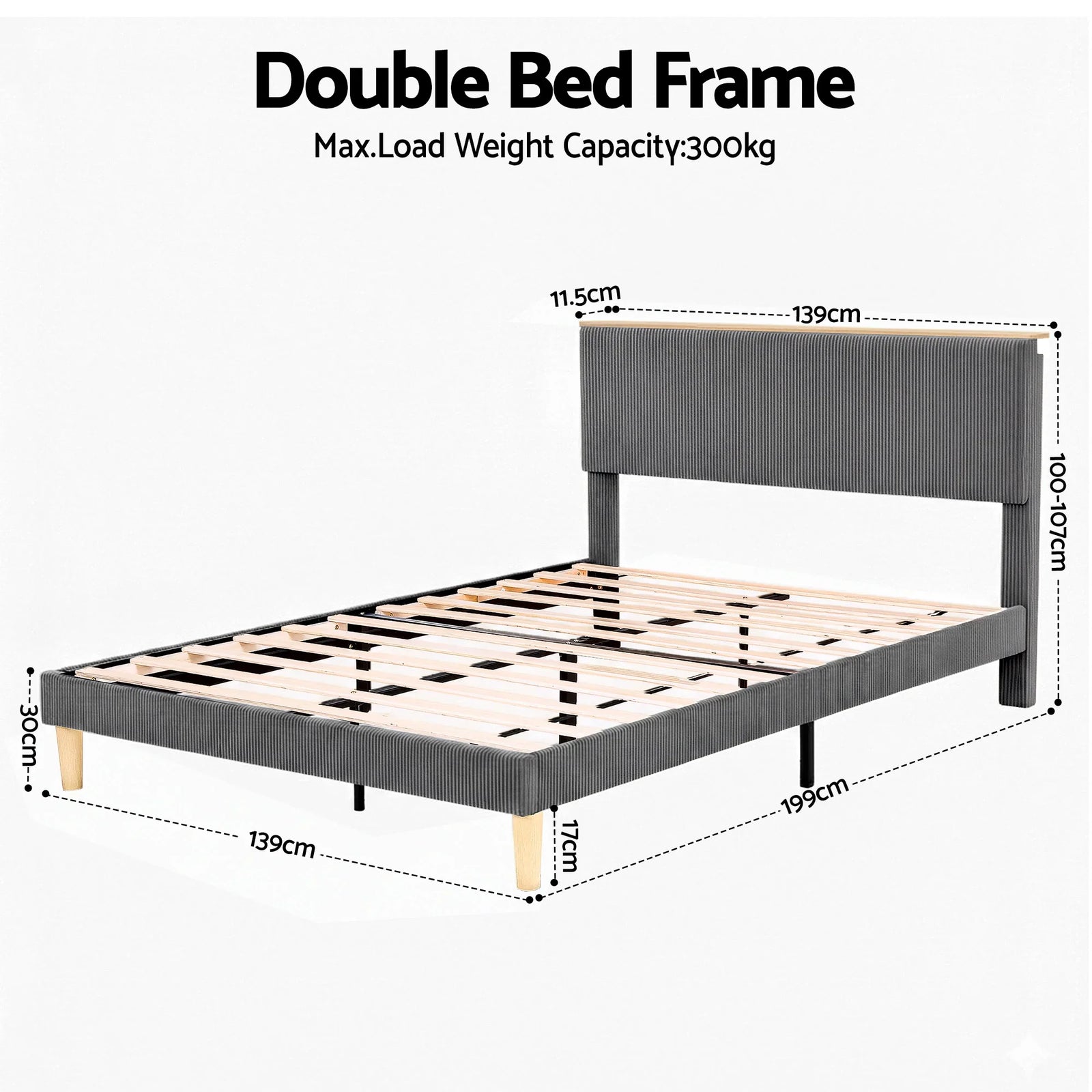Double Bed Frame Upholstered Adjustable Headboard Mood Lighting Heavy Duty Grey Velvet