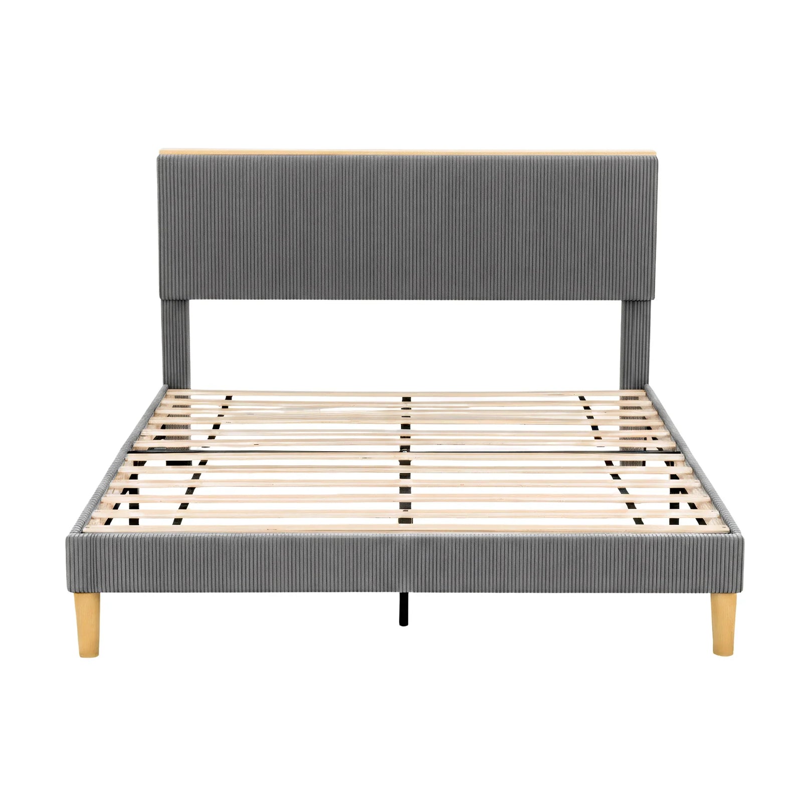 Double Bed Frame Upholstered Adjustable Headboard Mood Lighting Heavy Duty Grey Velvet
