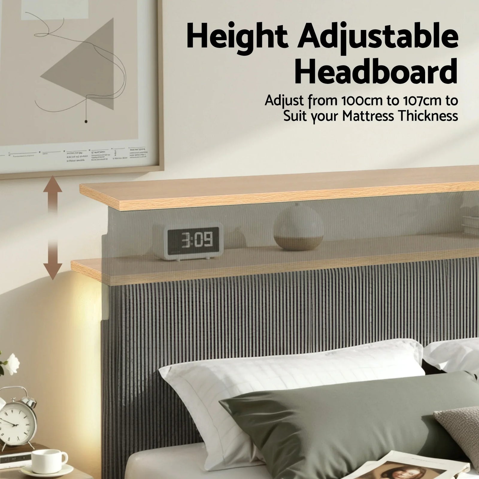 Double Bed Frame Upholstered Adjustable Headboard Mood Lighting Heavy Duty Grey Velvet