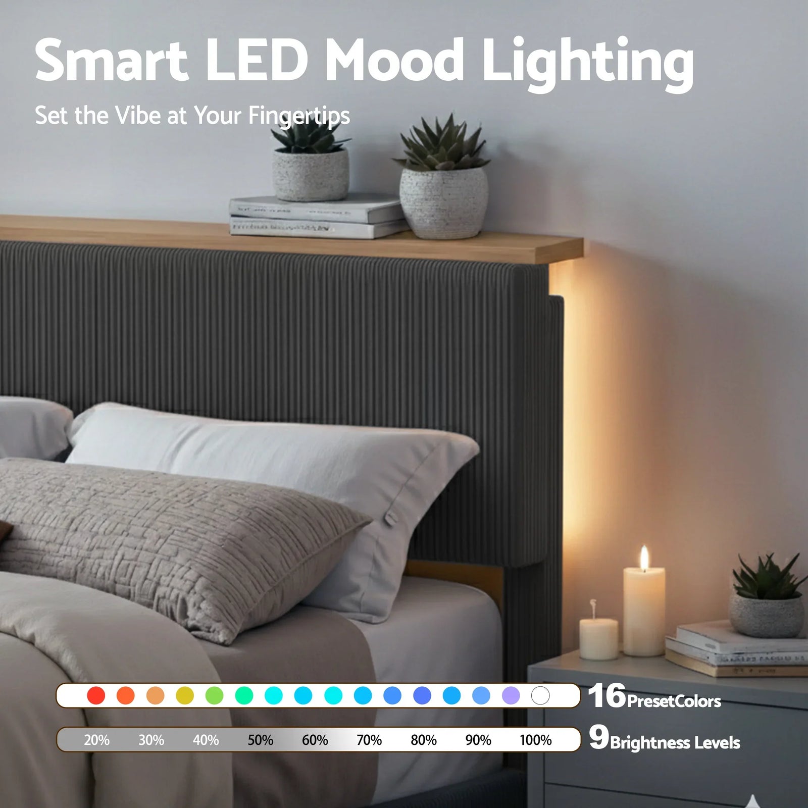 Double Bed Frame Upholstered Adjustable Headboard Mood Lighting Heavy Duty Grey Velvet