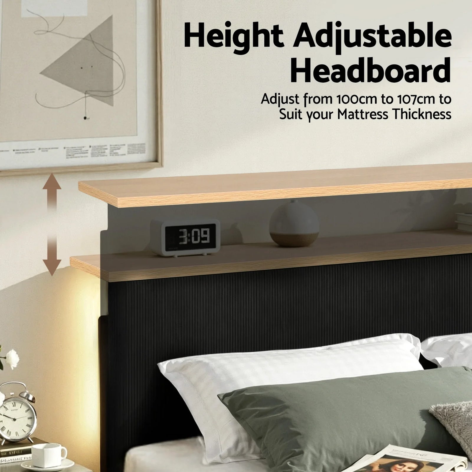 Queen Bed Frame Upholstered Adjustable Headboard Mood Lighting Heavy Duty Black Velvet