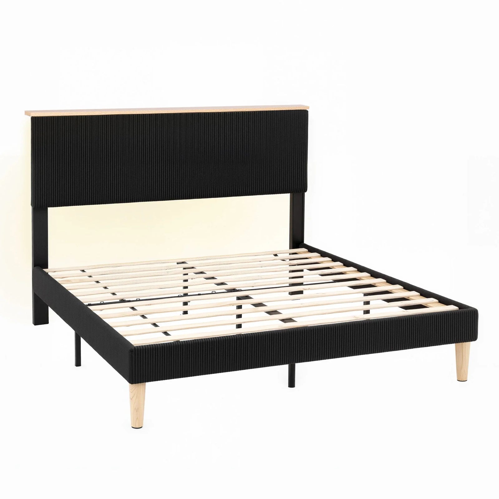 Queen Bed Frame Upholstered Adjustable Headboard Mood Lighting Heavy Duty Black Velvet