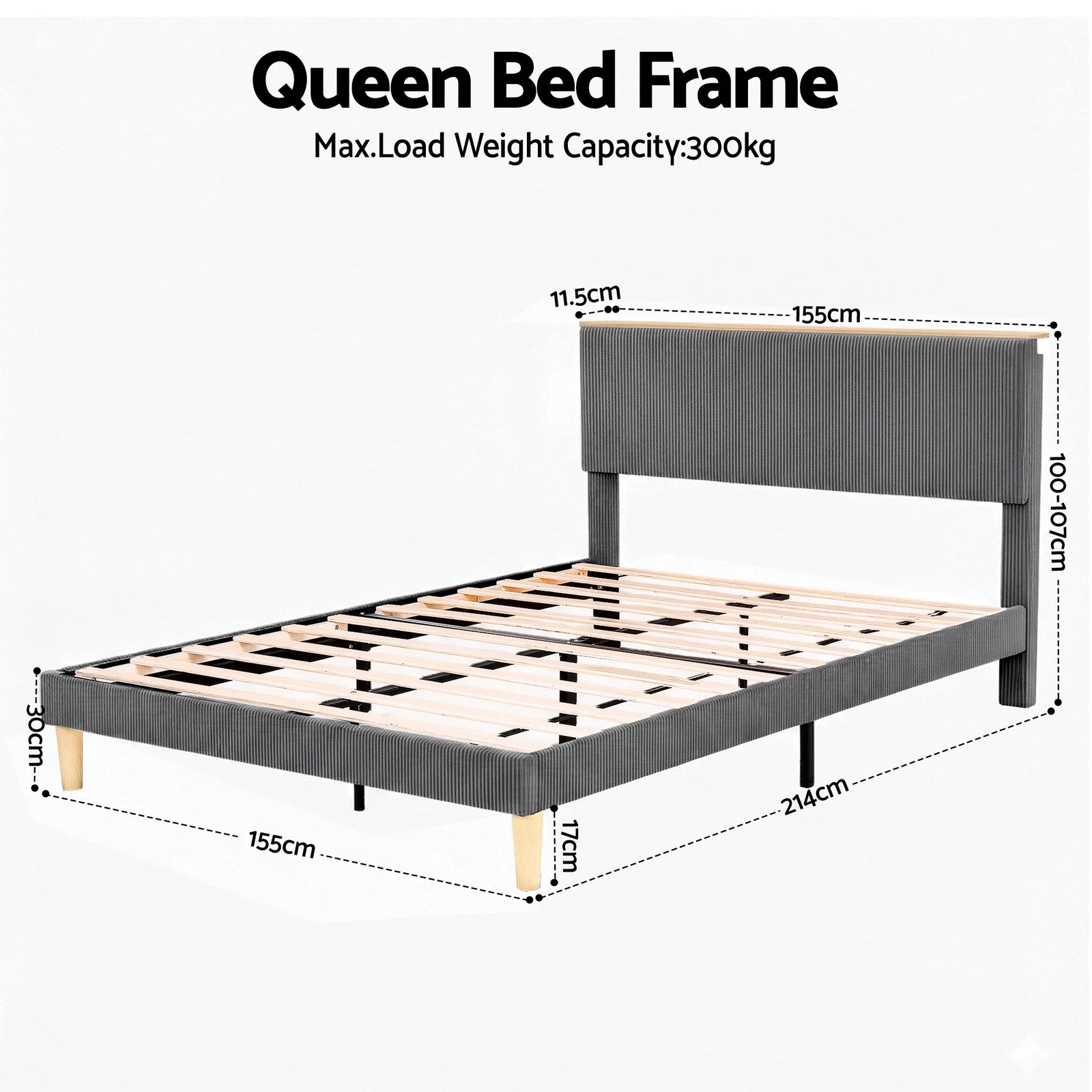 Queen Bed Frame Upholstered Adjustable Headboard Mood Lighting Heavy Duty Grey Velvet