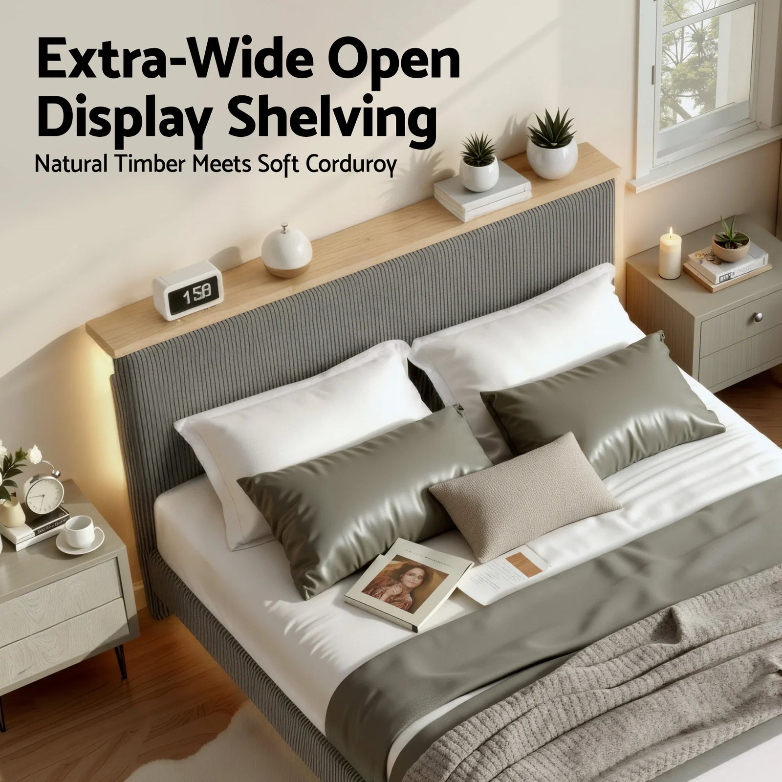Queen Bed Frame Upholstered Adjustable Headboard Mood Lighting Heavy Duty Grey Velvet