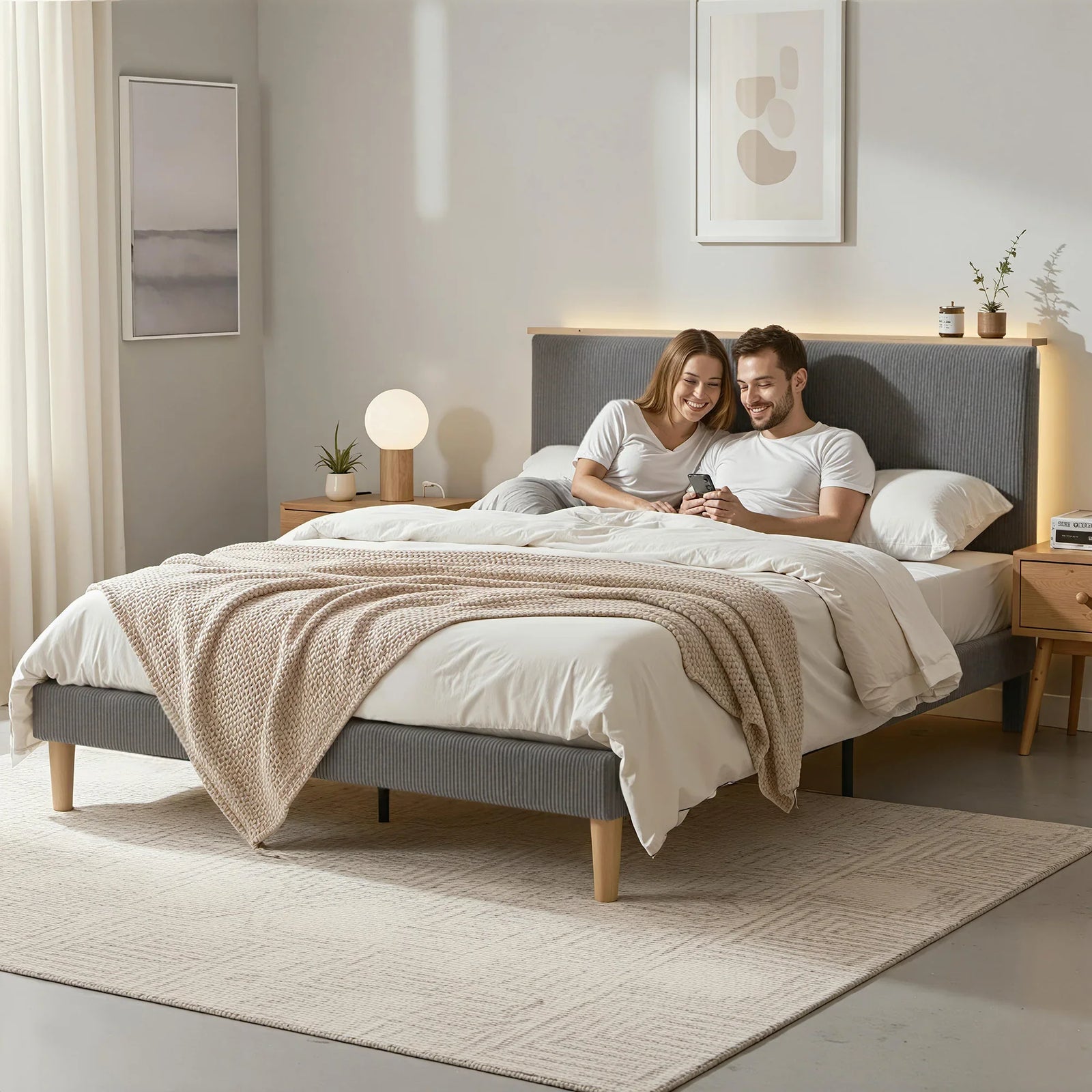 Queen Bed Frame Upholstered Adjustable Headboard Mood Lighting Heavy Duty Grey Velvet