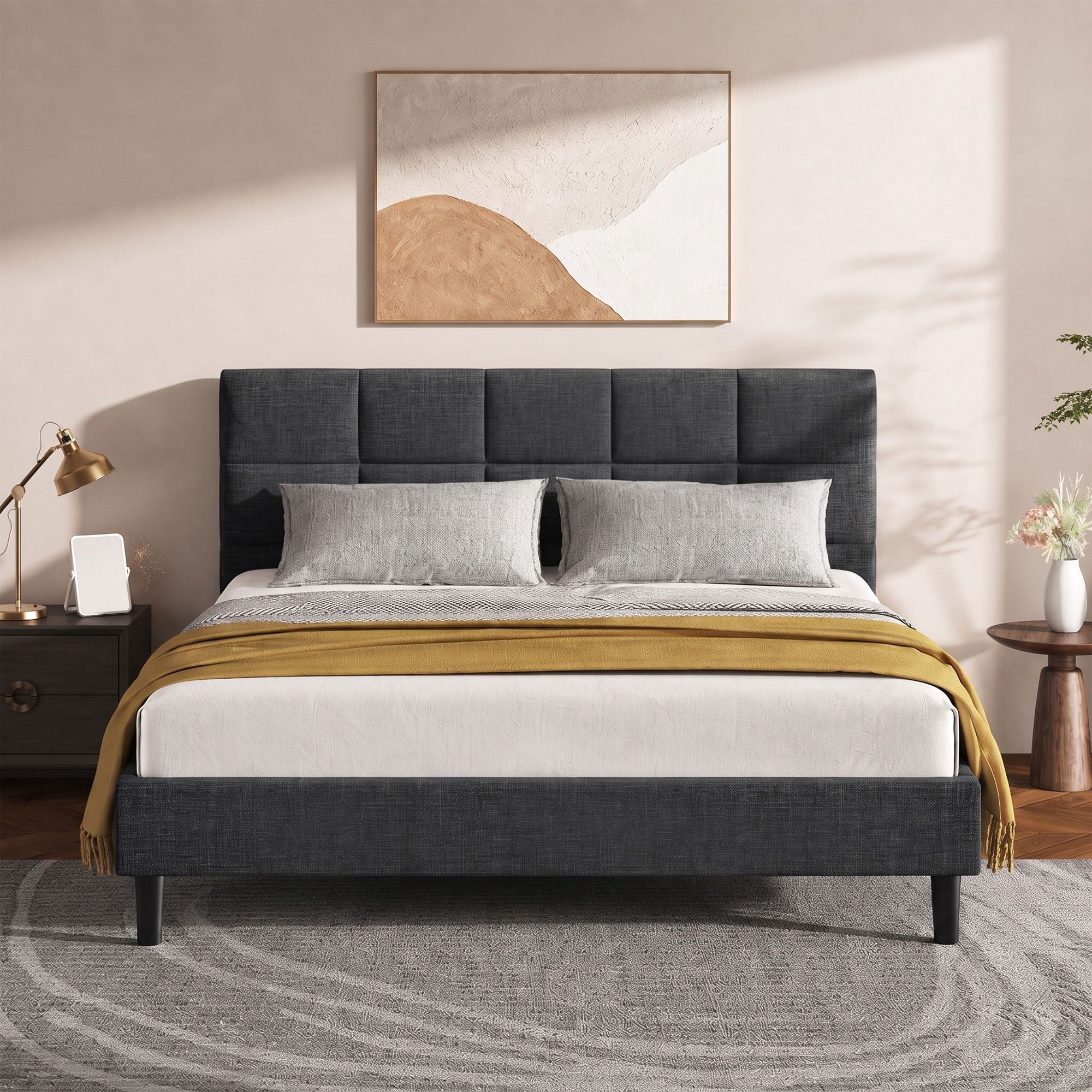 Queen Upholstered Bed Frame Faux Linen Wooden Slat Base Charcoal