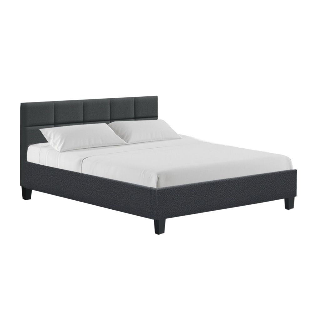 Queen Upholstered Bed Frame Faux Linen Wooden Slat Base Charcoal