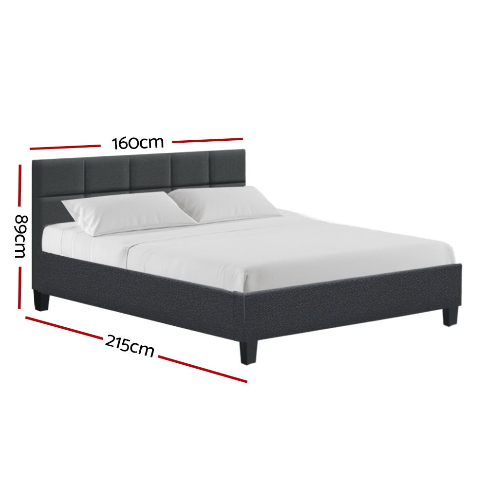 Queen Upholstered Bed Frame Faux Linen Wooden Slat Base Charcoal