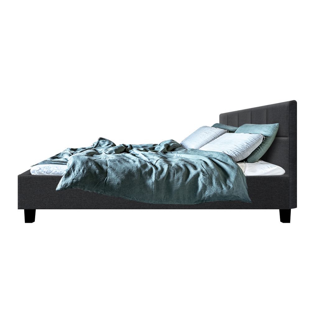 Queen Upholstered Bed Frame Faux Linen Wooden Slat Base Charcoal