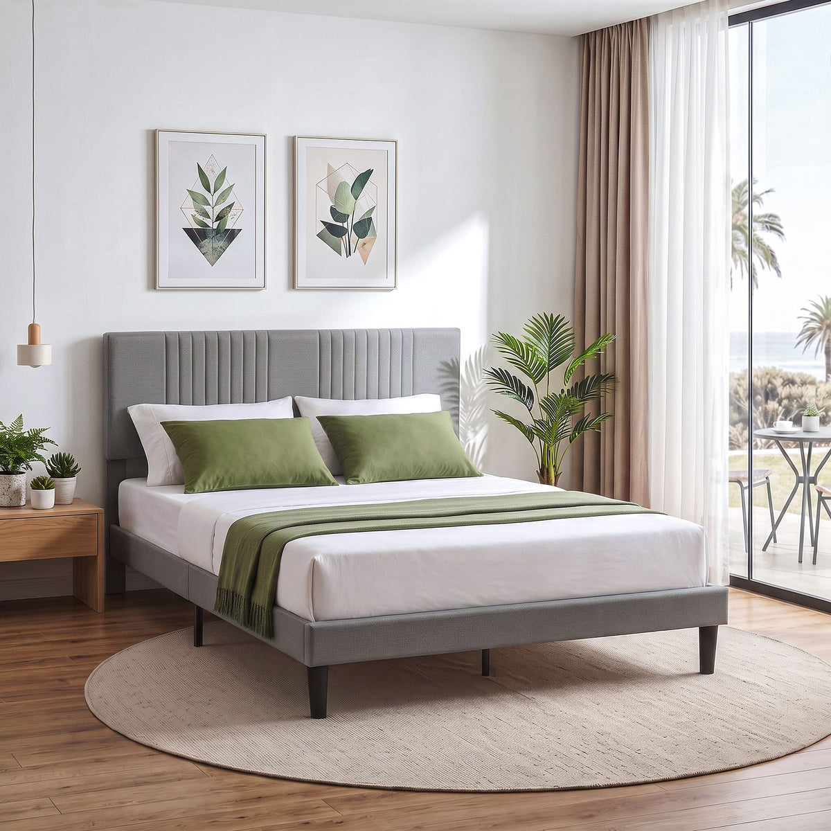 Double Bed Frame with Adjustable Headboard, Grey, 300kg Capacity