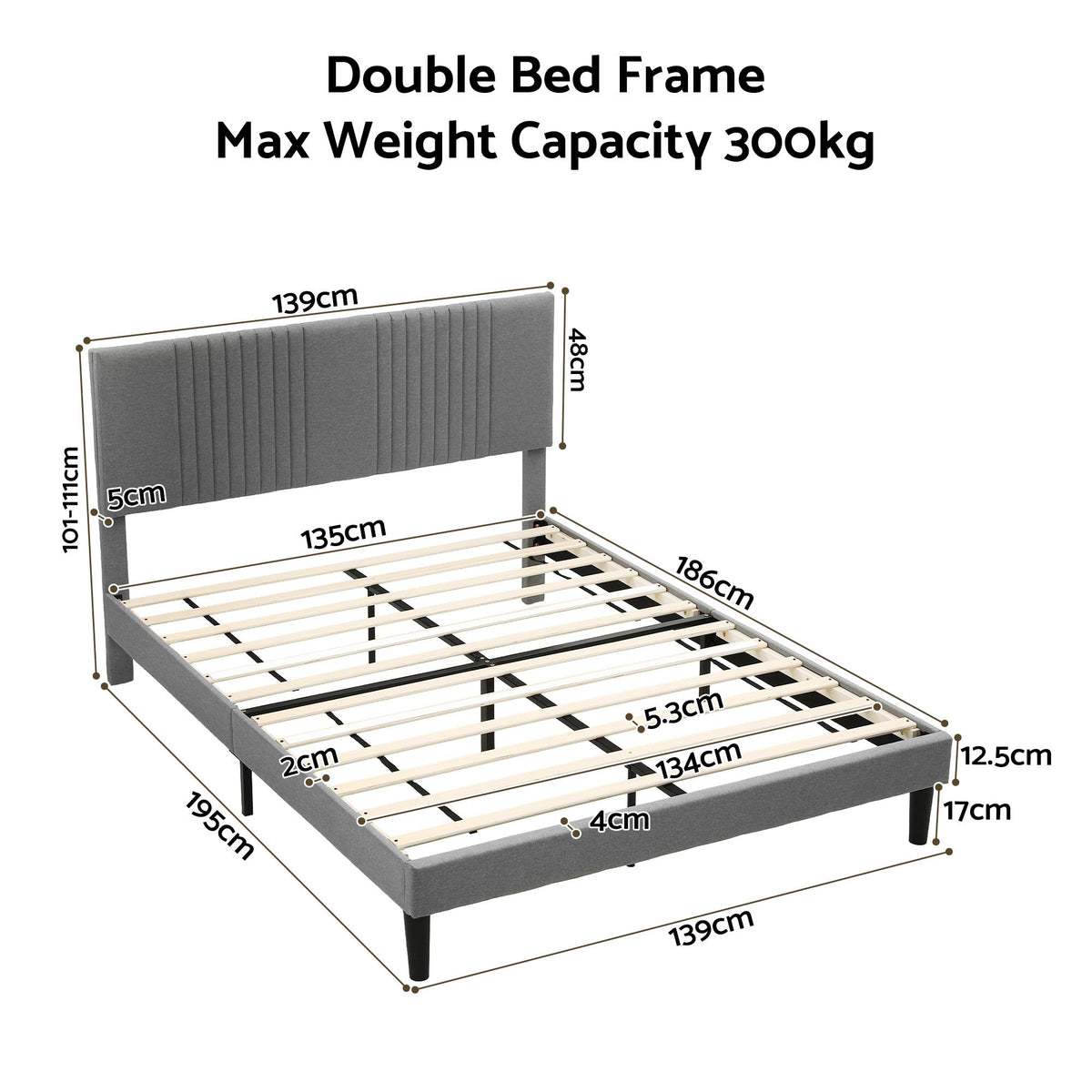 Double Bed Frame with Adjustable Headboard, Grey, 300kg Capacity