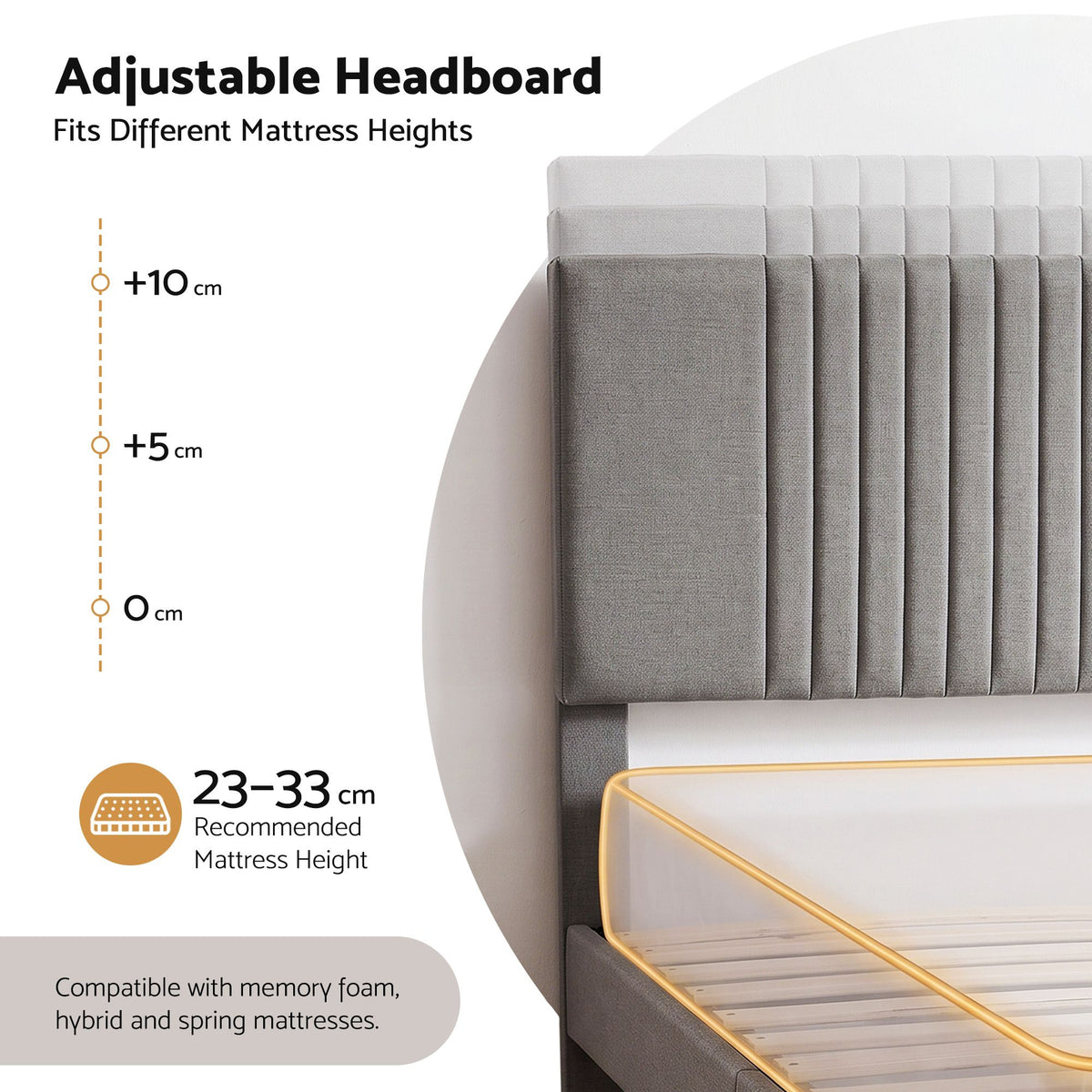Double Bed Frame with Adjustable Headboard, Grey, 300kg Capacity