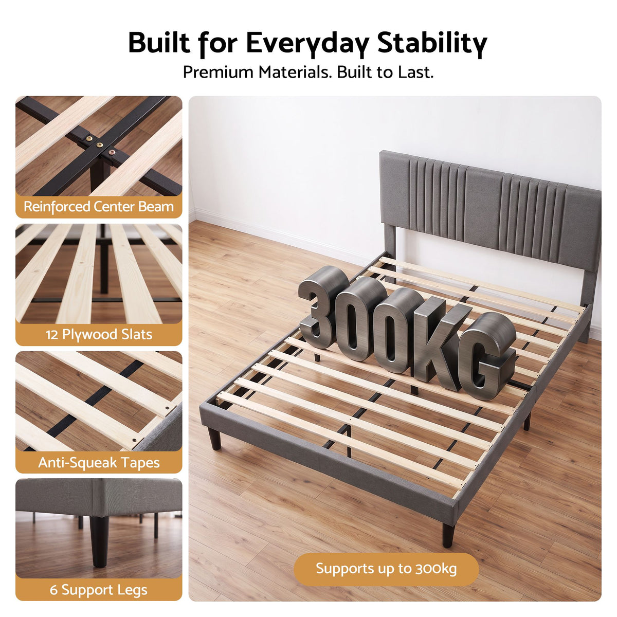 Double Bed Frame with Adjustable Headboard, Grey, 300kg Capacity