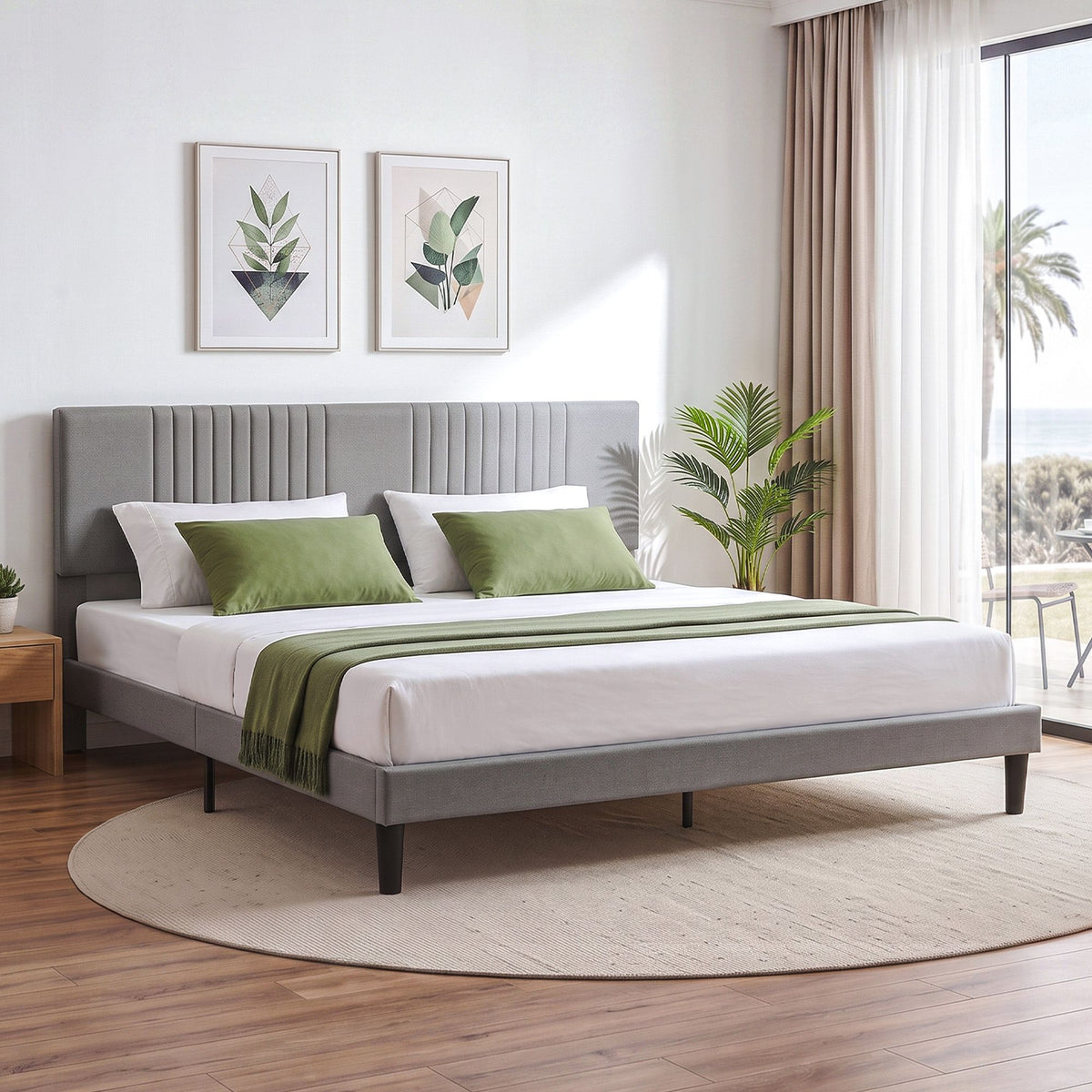 Artiss King Bed Frame with Adjustable Upholstered Headboard, Grey Linen, 300kg