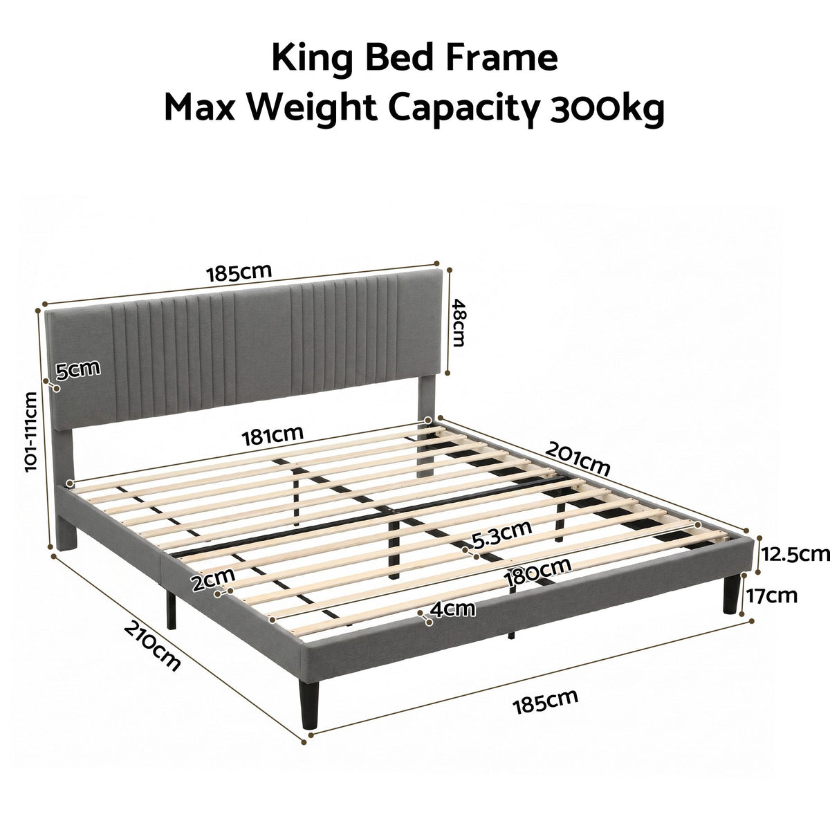 Artiss King Bed Frame with Adjustable Upholstered Headboard, Grey Linen, 300kg