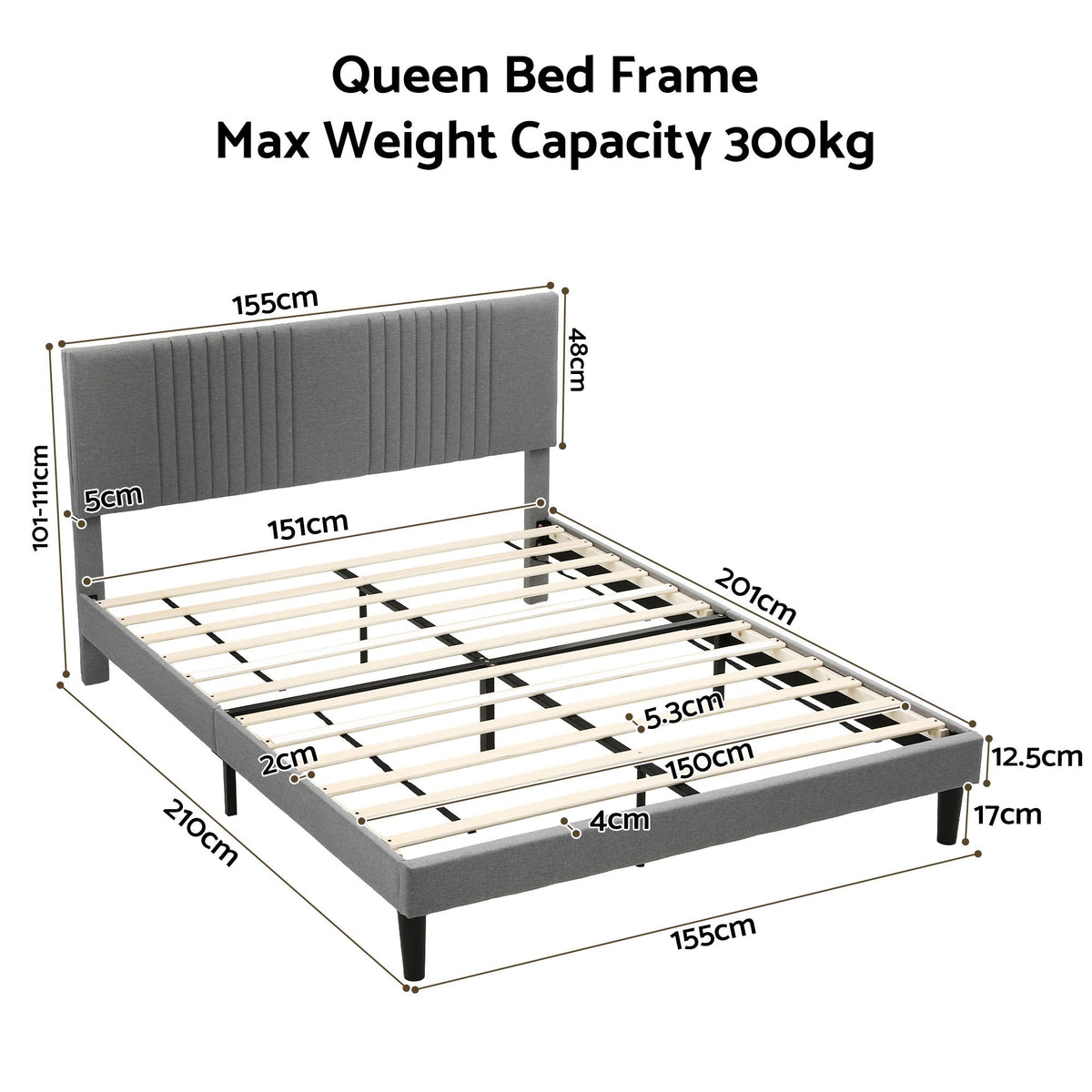 Queen Bed Frame with Adjustable Headboard, Grey, 300kg Capacity