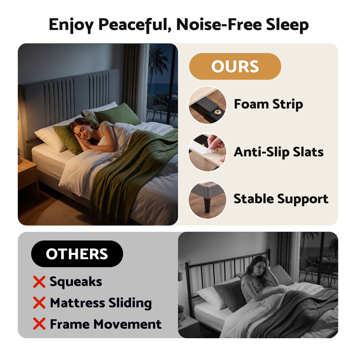 Queen Bed Frame with Adjustable Headboard, Grey, 300kg Capacity