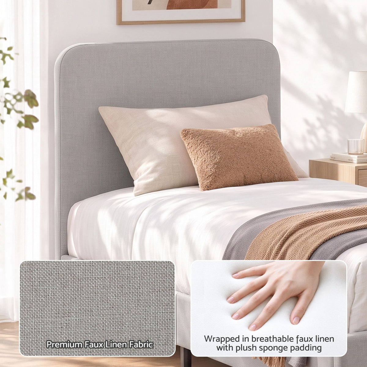 Artiss King Single Bed Frame with Headboard, Faux Linen Fabric Grey