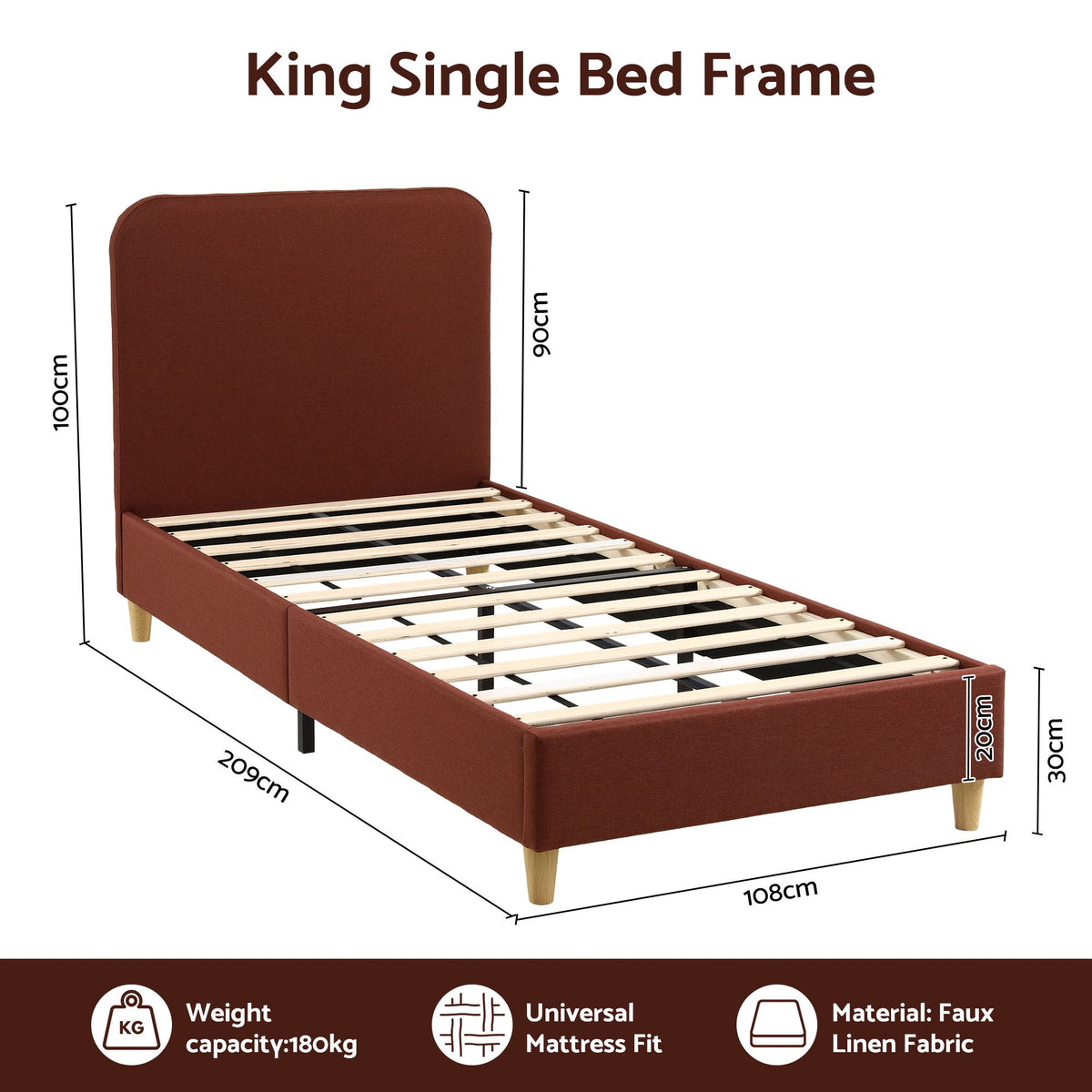 Artiss King Single Bed Frame with Headboard, Faux Linen Fabric Brown