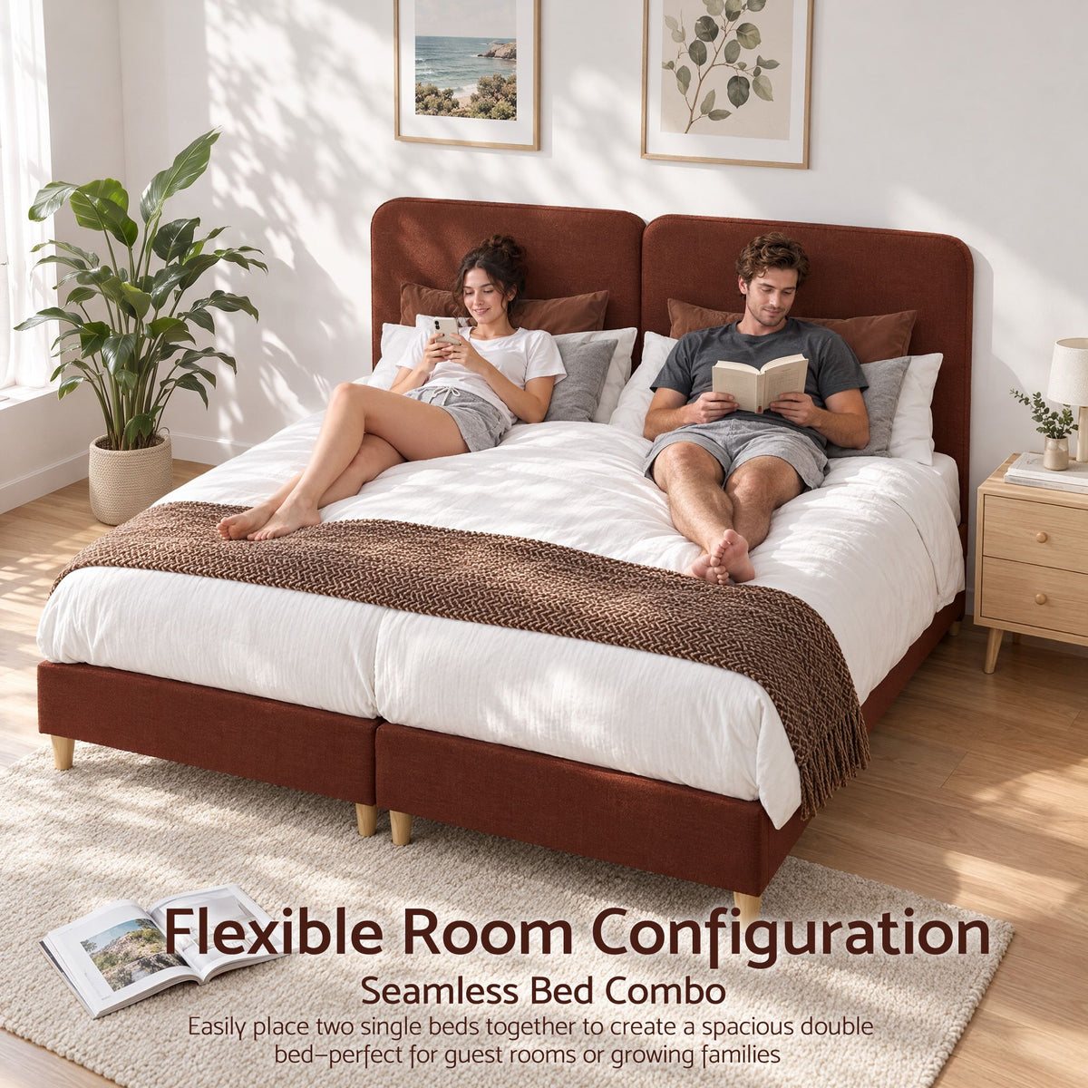 Artiss Single Bed Frame with Headboard, Faux Linen Fabric Brown