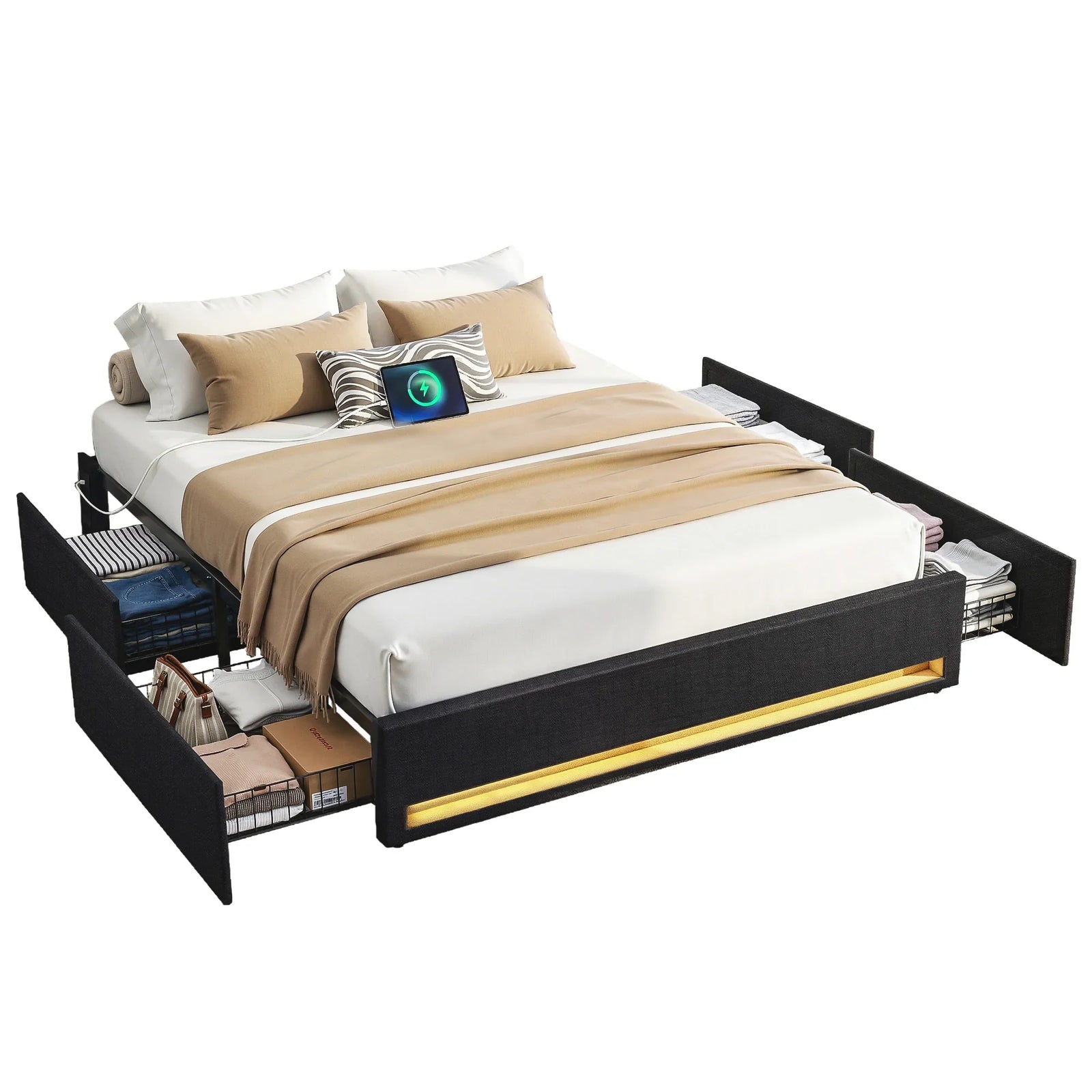 Double Bed Frame with Storage Drawers RGB Lights Charging Station Upholstered Fabric