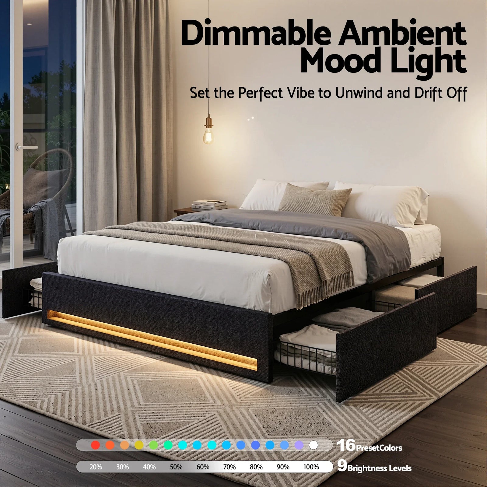 Queen Bed Frame with Storage Drawers RGB Lights Charging Station Upholstered Fabric