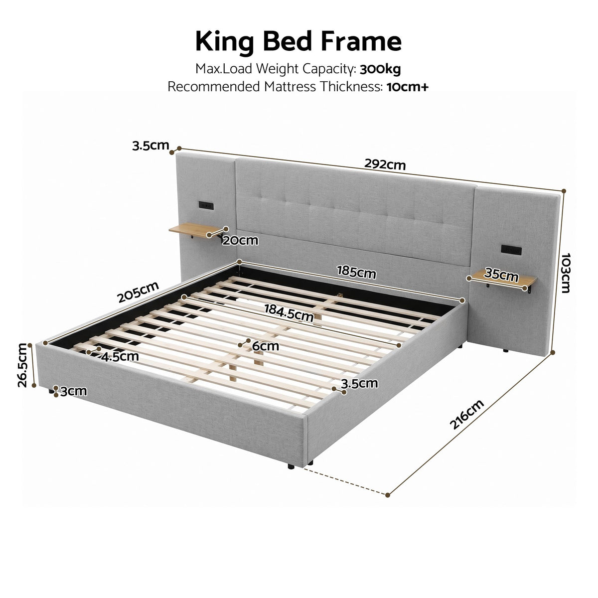 Artiss King Bed Frame Upholstered 292cm Wide Headboard Shelves USB Charging Grey