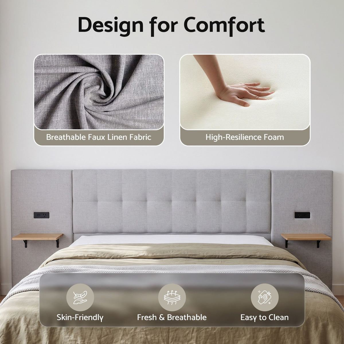 Artiss King Bed Frame Upholstered 292cm Wide Headboard Shelves USB Charging Grey