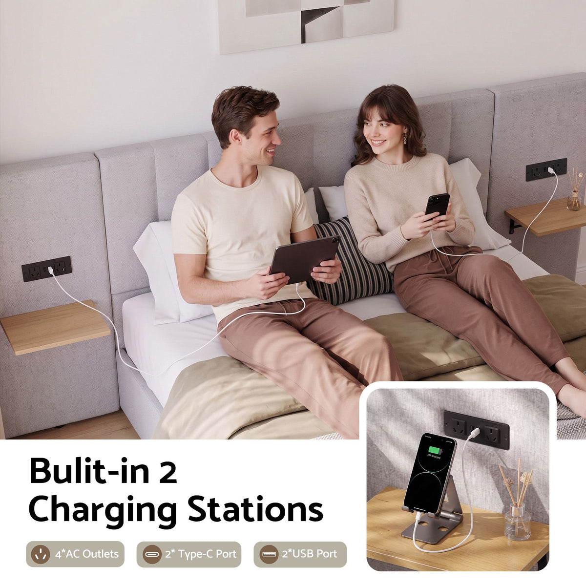 Artiss King Bed Frame Upholstered 292cm Wide Headboard Shelves USB Charging Grey