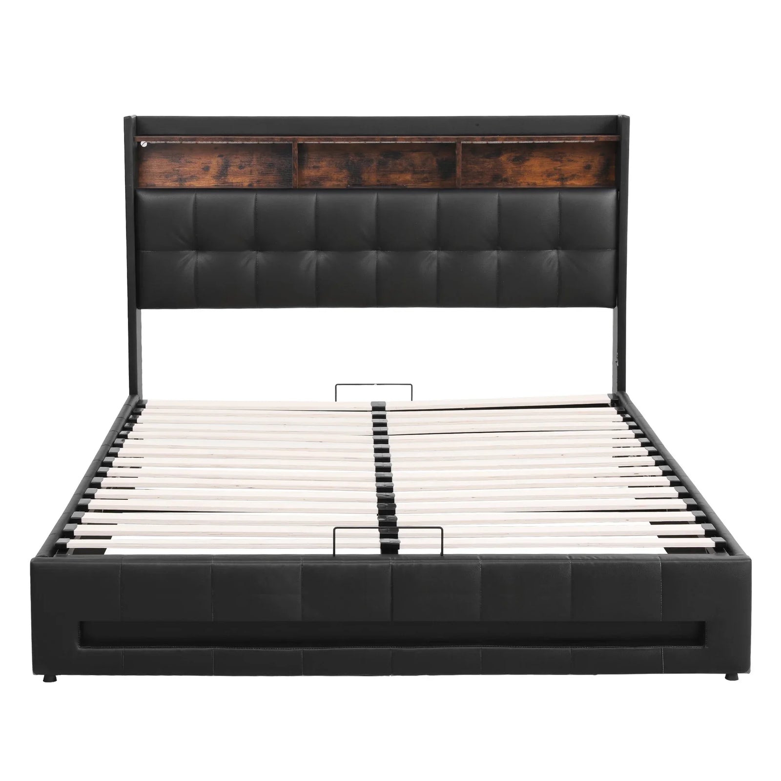 Queen Gas Lift Bed Frame with Storage, LED Lights & Charging Ports – PU Leather