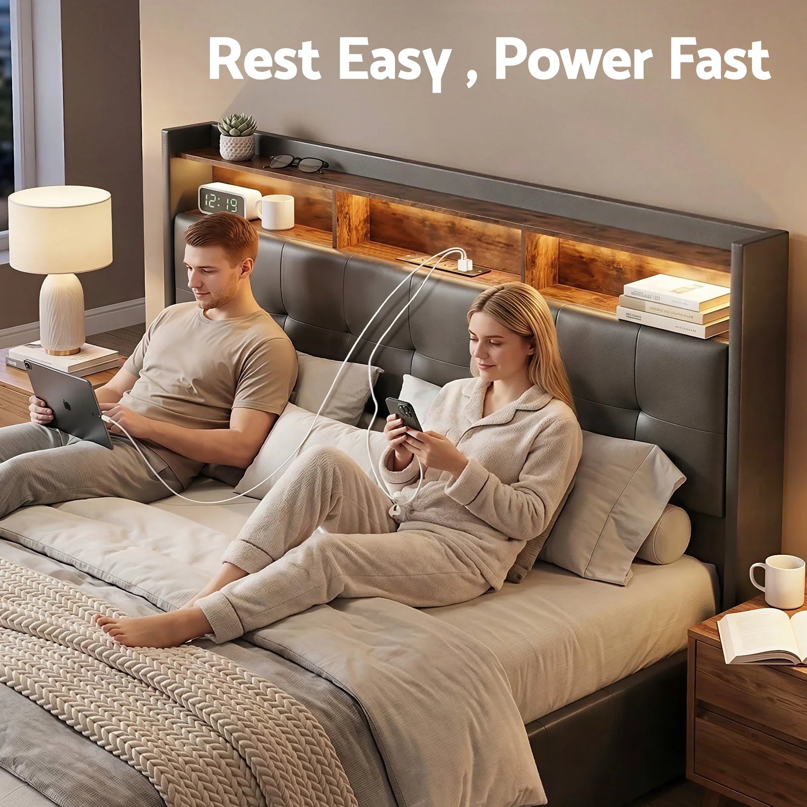 Queen Gas Lift Bed Frame with Storage, LED Lights & Charging Ports – PU Leather