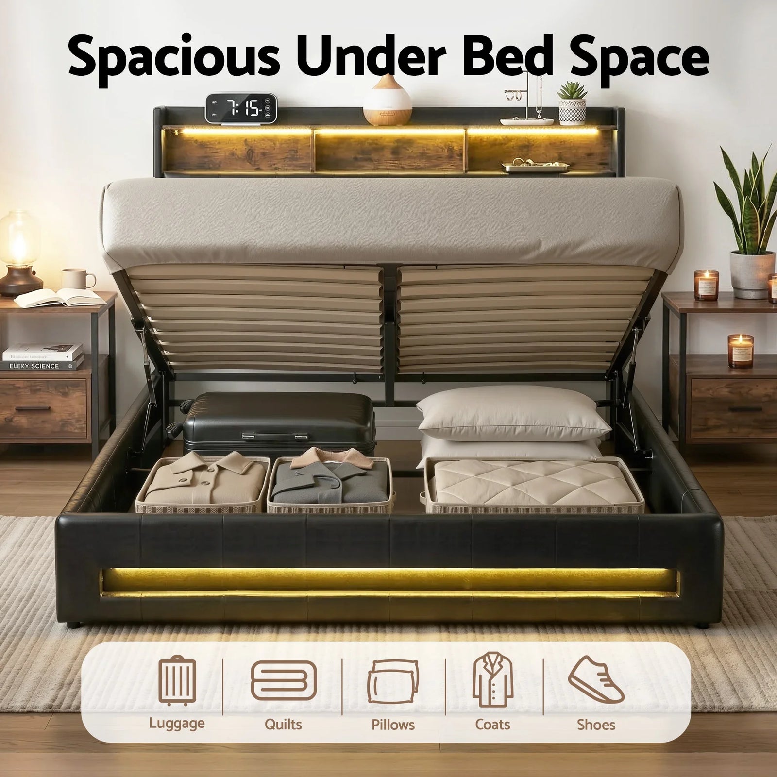Queen Gas Lift Bed Frame with Storage, LED Lights & Charging Ports – PU Leather