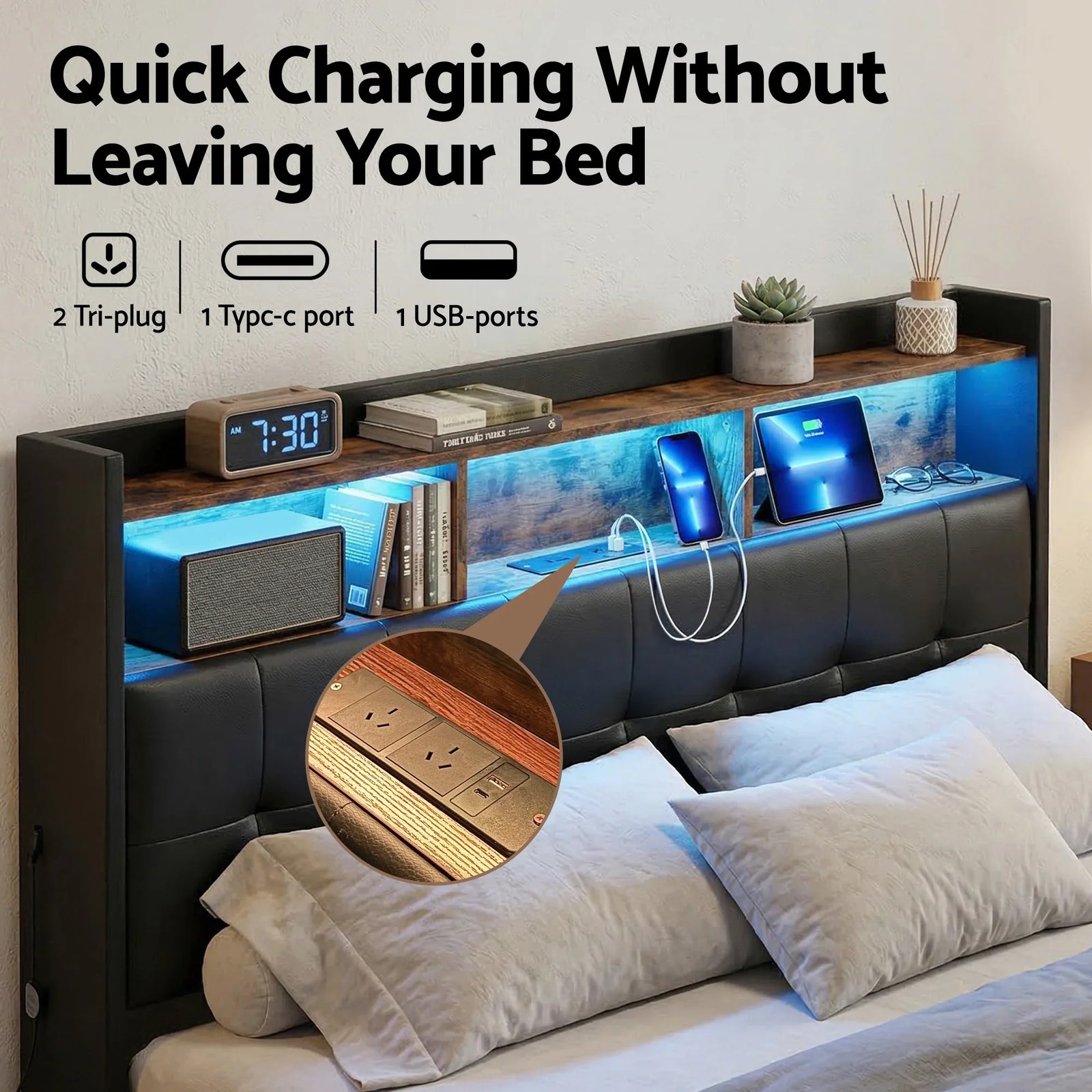 Queen Gas Lift Bed Frame with Storage, LED Lights & Charging Ports – PU Leather