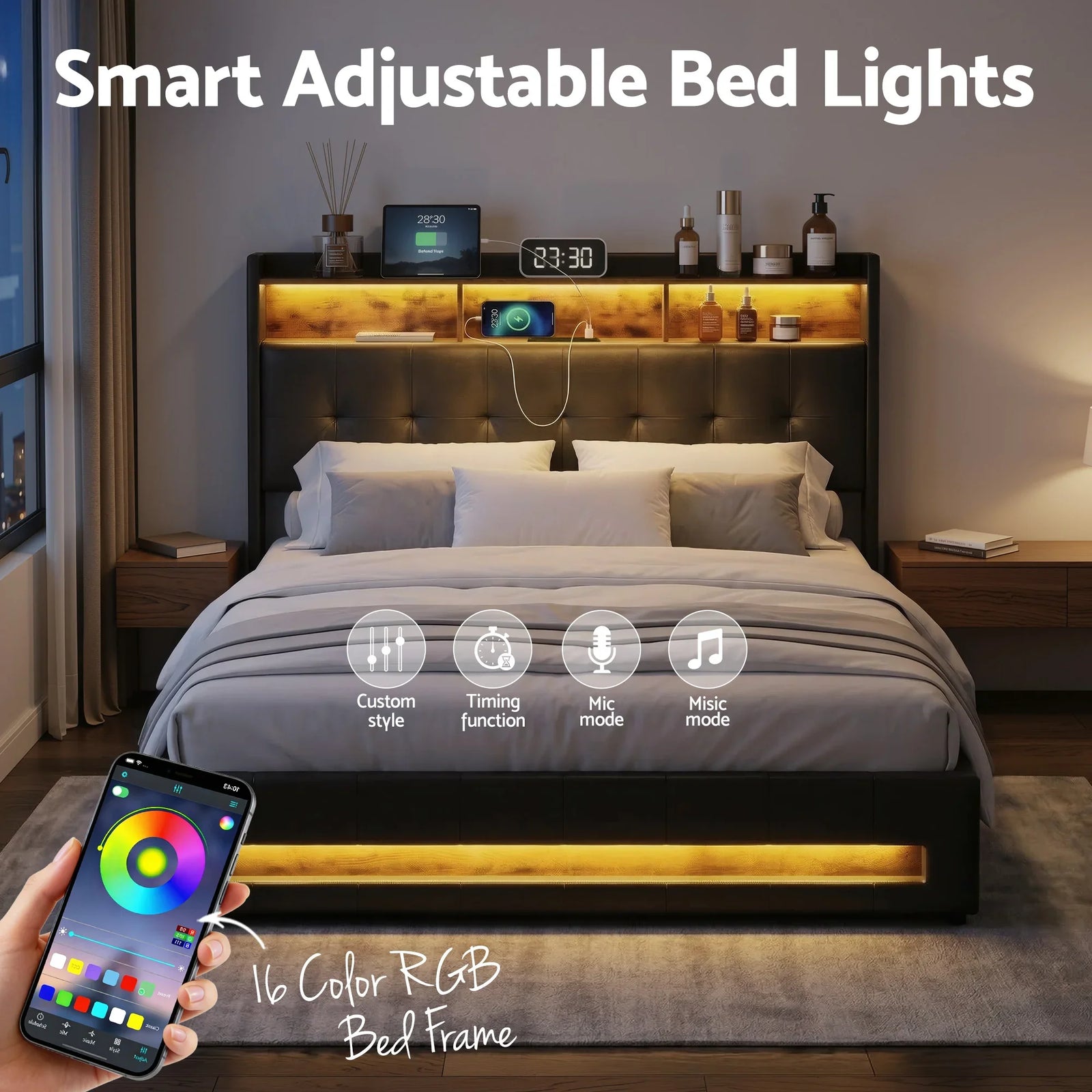 Queen Gas Lift Bed Frame with Storage, LED Lights & Charging Ports – PU Leather