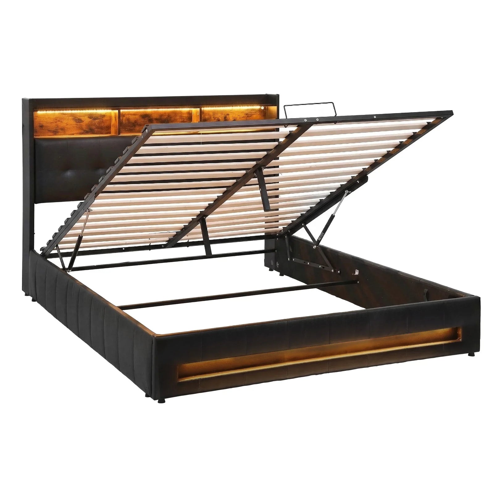 Queen Gas Lift Bed Frame with Storage, LED Lights & Charging Ports – PU Leather