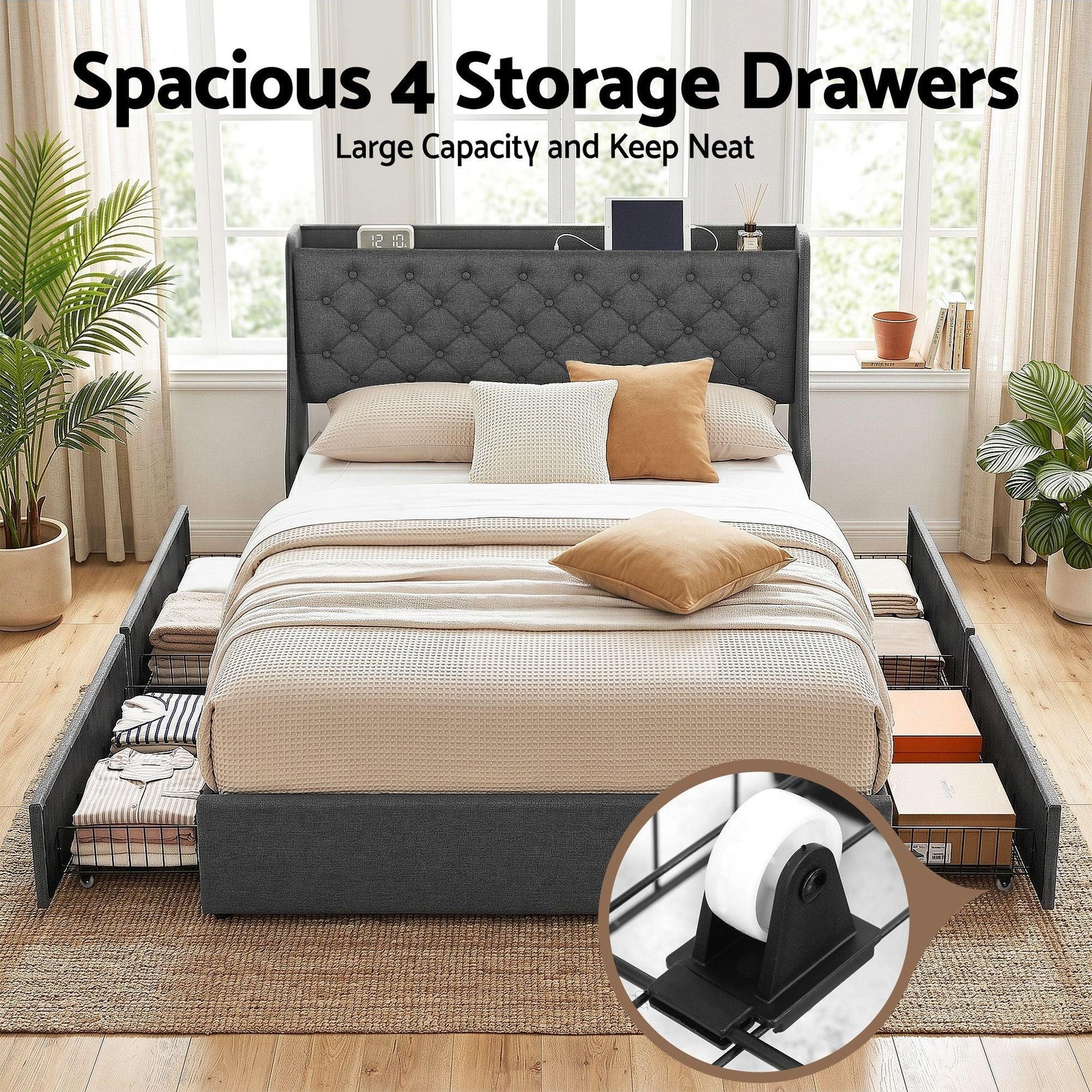 Double Bed Frame with 4 Storage Drawers and Charging Station Tufted Wingback Headboard 300kg Loads Charcoal Grey