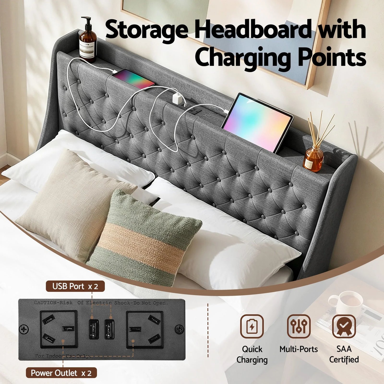 Double Bed Frame with 4 Storage Drawers and Charging Station Tufted Wingback Headboard 300kg Loads Charcoal Grey