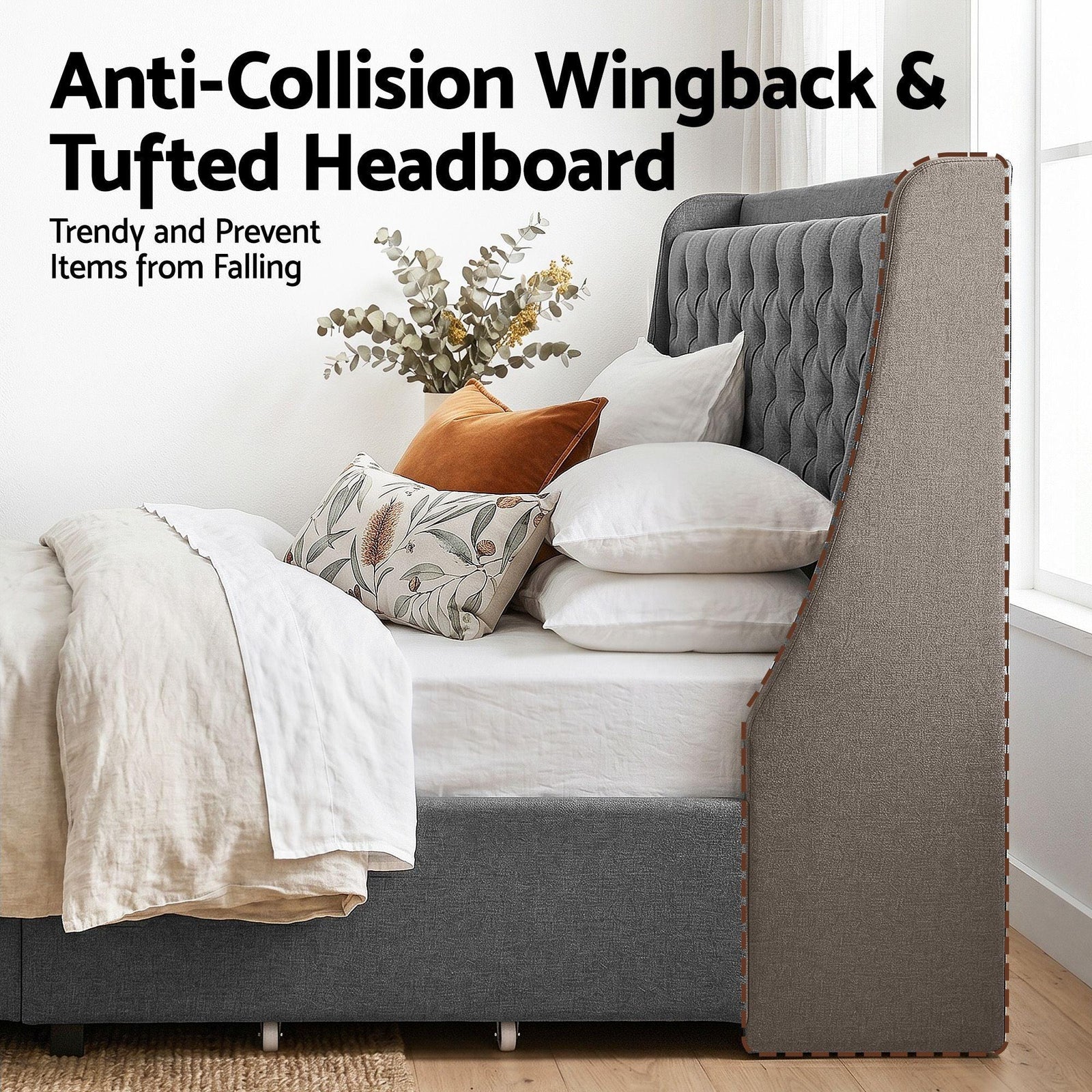 Double Bed Frame with 4 Storage Drawers and Charging Station Tufted Wingback Headboard 300kg Loads Charcoal Grey