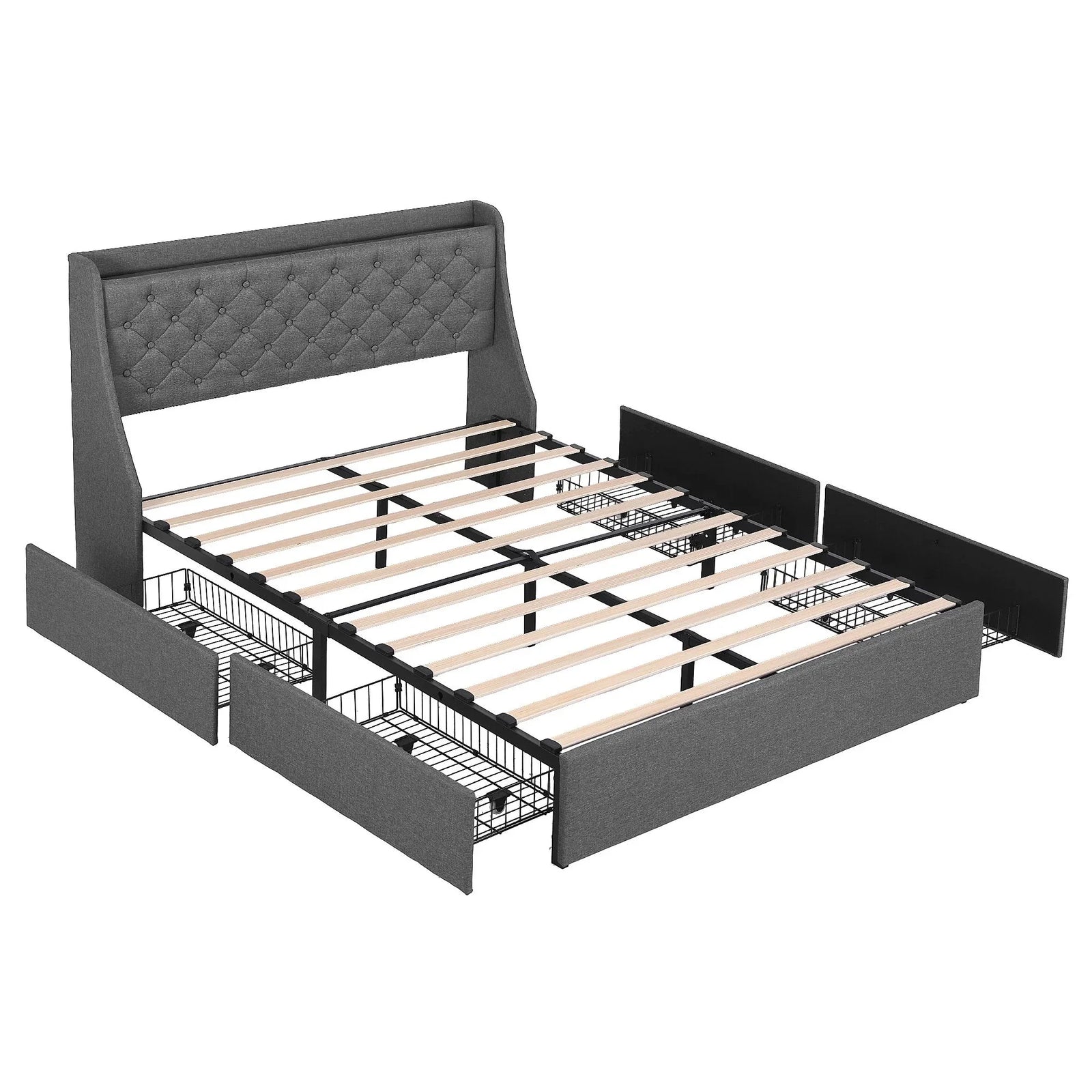 Double Bed Frame with 4 Storage Drawers and Charging Station Tufted Wingback Headboard 300kg Loads Charcoal Grey