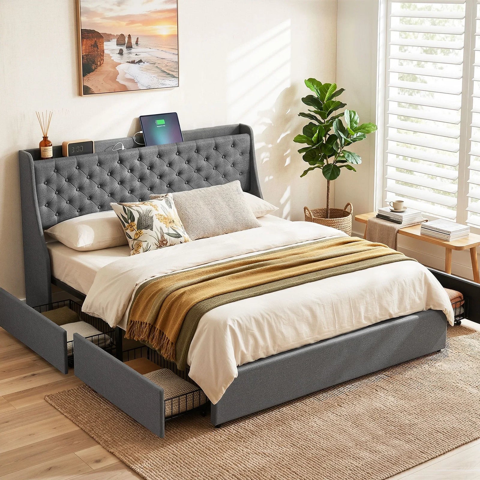 King Bed Frame with 4 Storage Drawers and Charging Station Tufted Wingback Headboard 300kg Loads Charcoal Grey