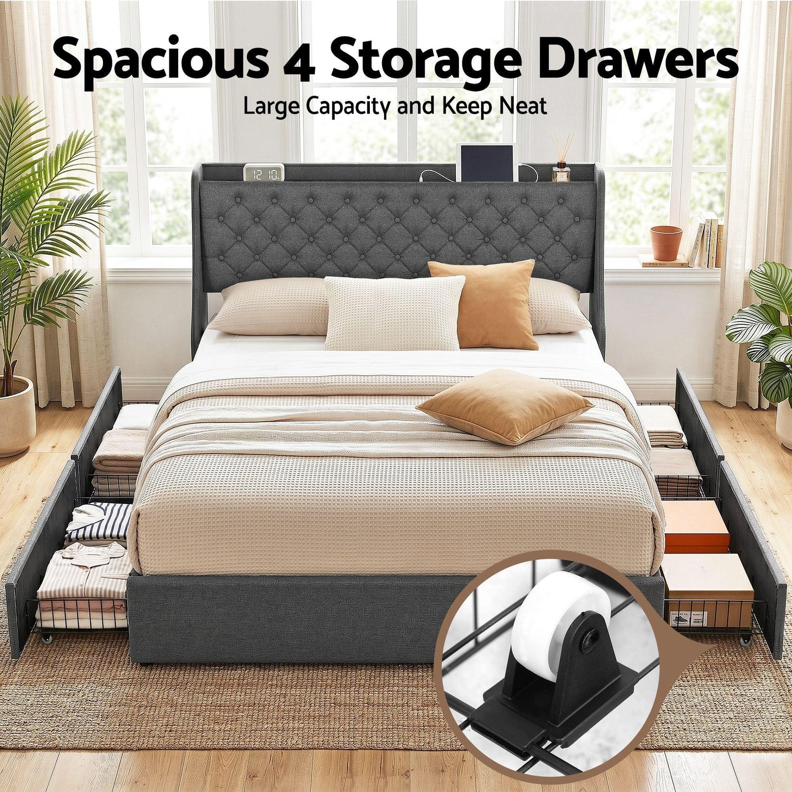 King Bed Frame with 4 Storage Drawers and Charging Station Tufted Wingback Headboard 300kg Loads Charcoal Grey