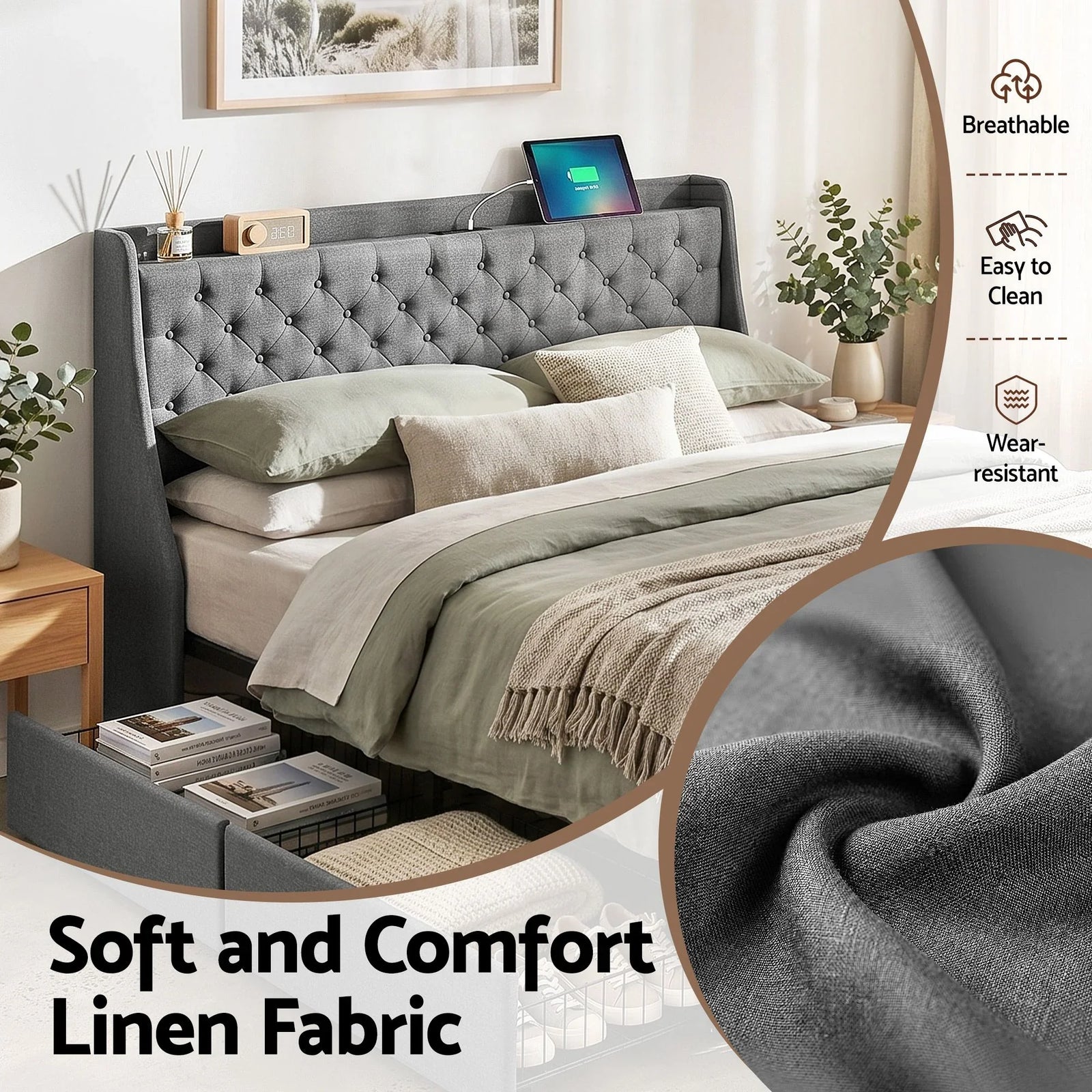 King Bed Frame with 4 Storage Drawers and Charging Station Tufted Wingback Headboard 300kg Loads Charcoal Grey