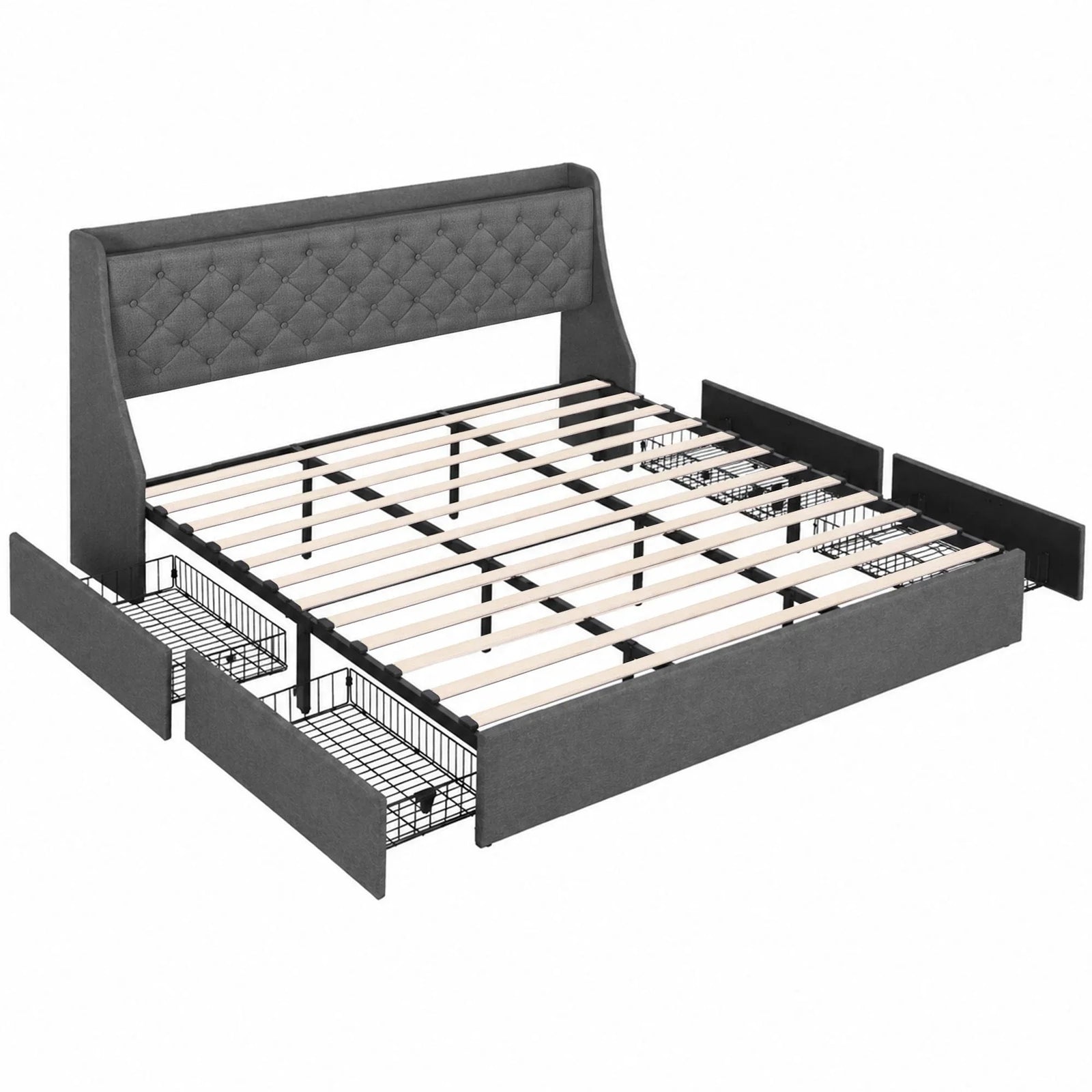 King Bed Frame with 4 Storage Drawers and Charging Station Tufted Wingback Headboard 300kg Loads Charcoal Grey