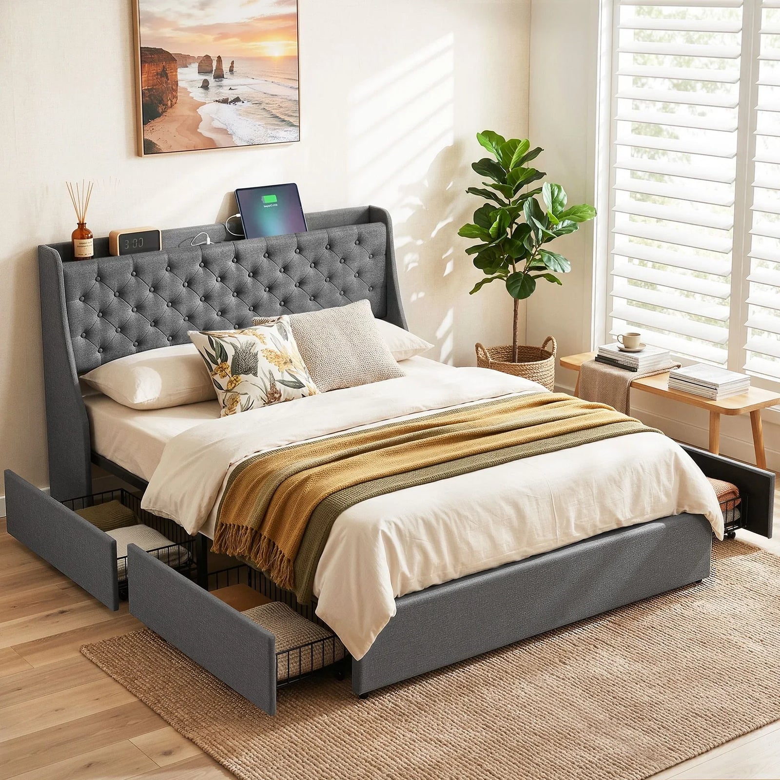 Queen Bed Frame with 4 Storage Drawers and Charging Station Tufted Wingback Headboard 300kg Loads Charcoal Grey