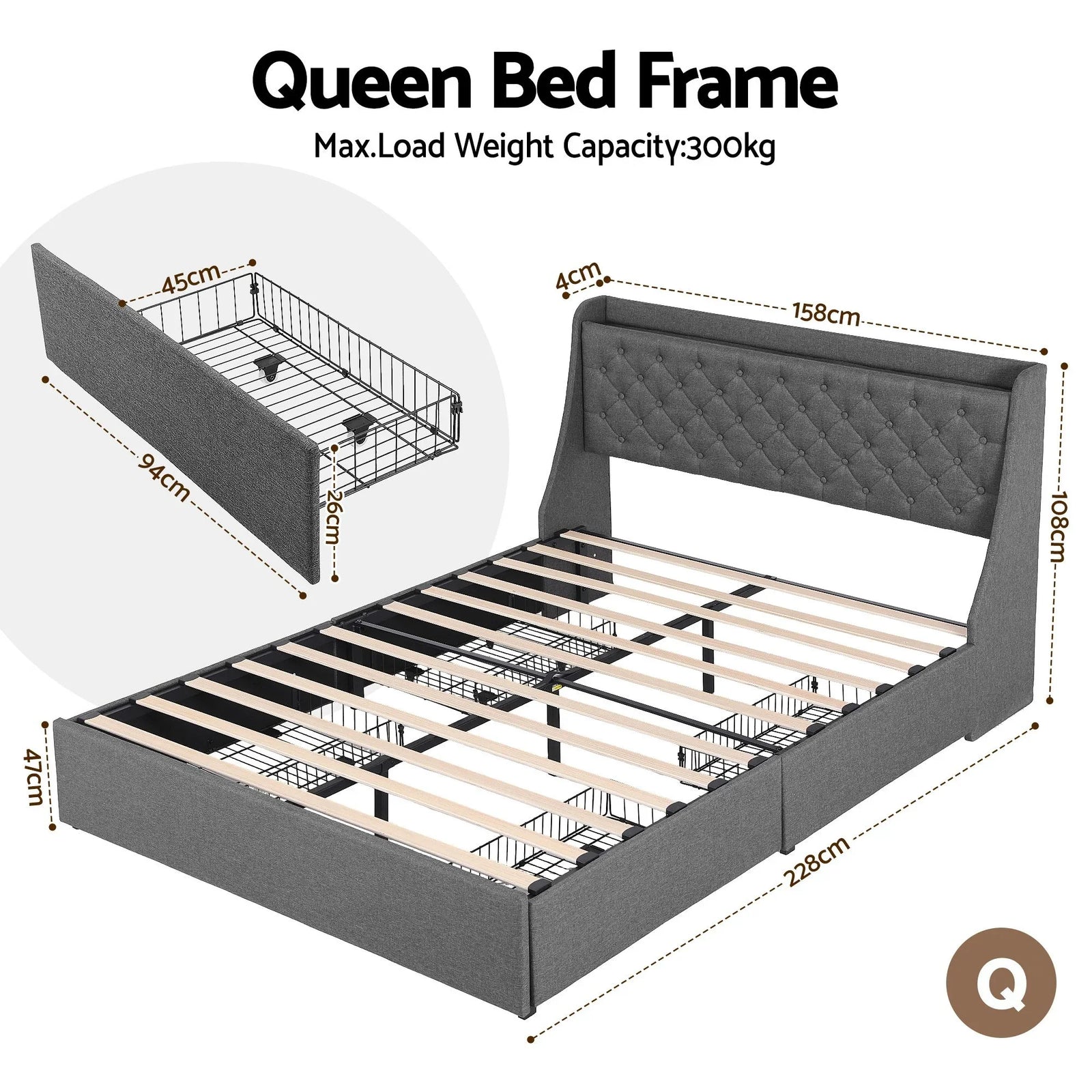 Queen Bed Frame with 4 Storage Drawers and Charging Station Tufted Wingback Headboard 300kg Loads Charcoal Grey