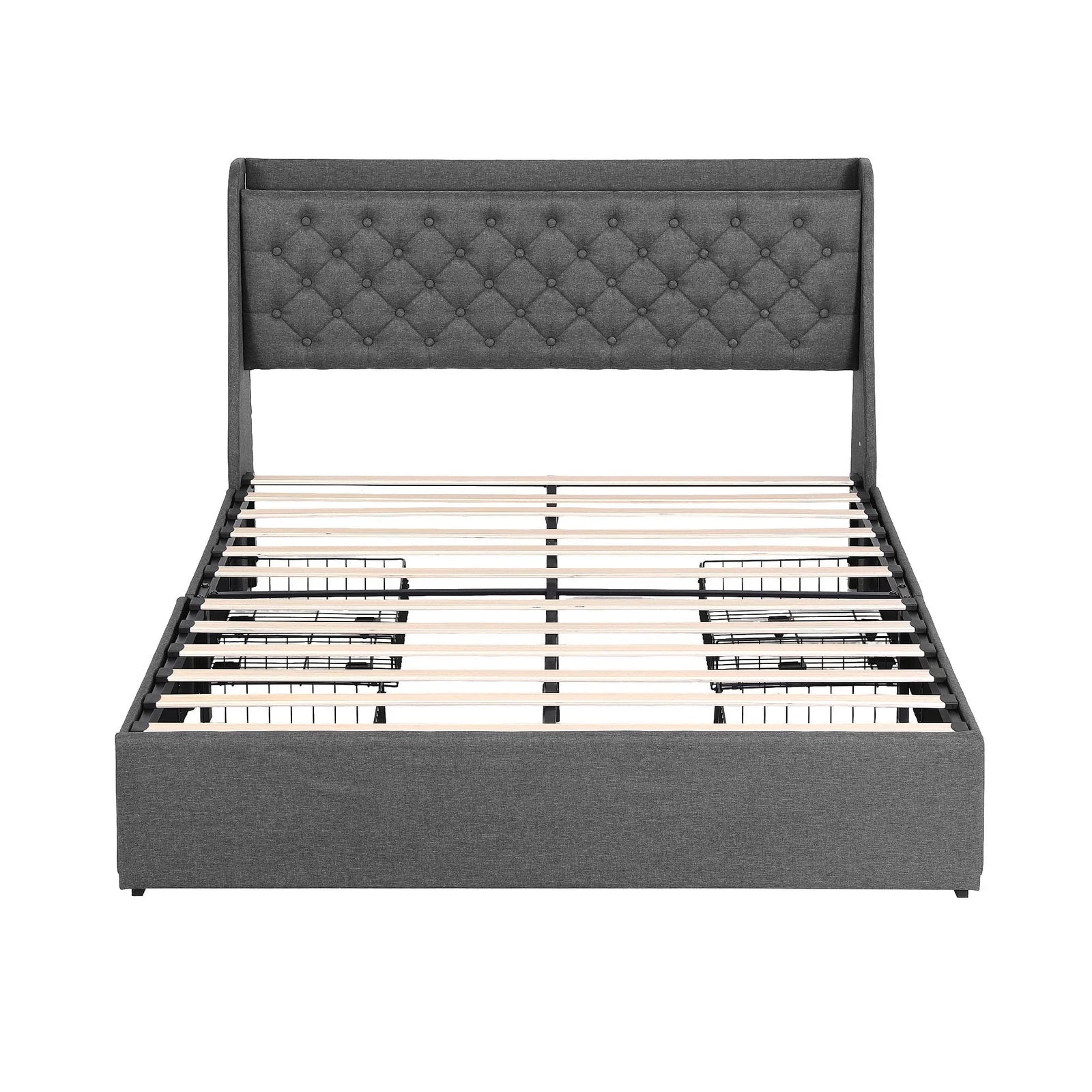 Queen Bed Frame with 4 Storage Drawers and Charging Station Tufted Wingback Headboard 300kg Loads Charcoal Grey