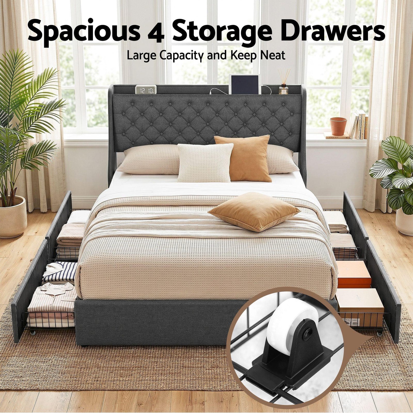 Queen Bed Frame with 4 Storage Drawers and Charging Station Tufted Wingback Headboard 300kg Loads Charcoal Grey