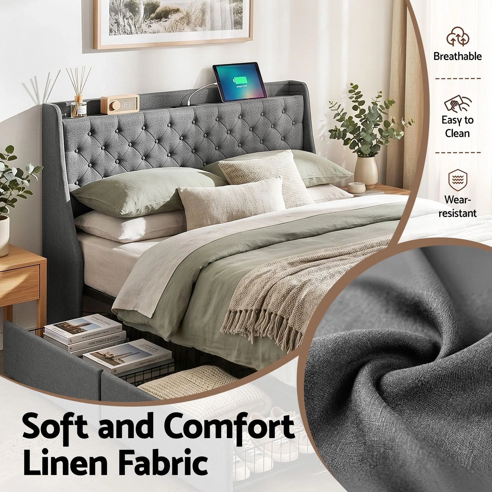 Queen Bed Frame with 4 Storage Drawers and Charging Station Tufted Wingback Headboard 300kg Loads Charcoal Grey