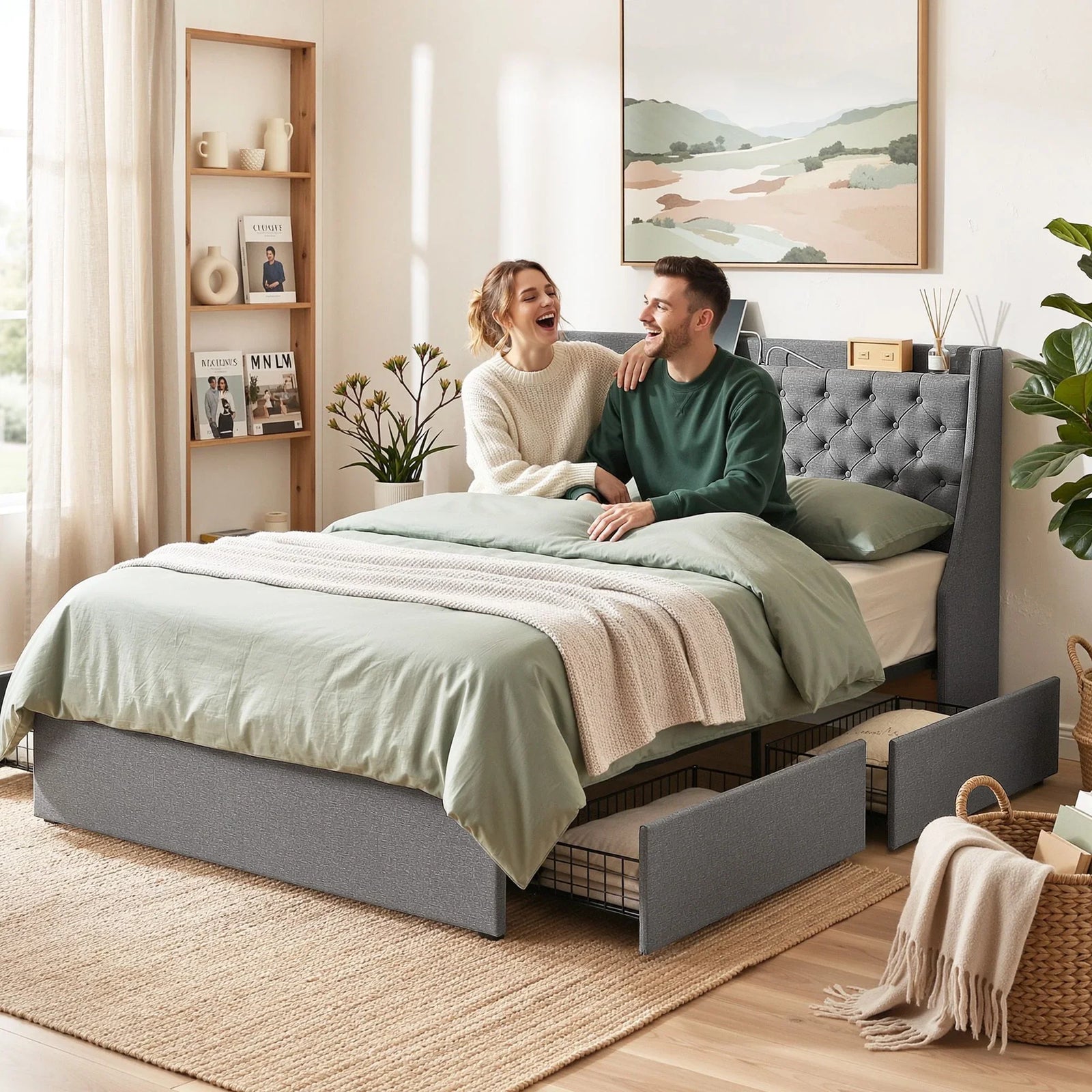 Queen Bed Frame with 4 Storage Drawers and Charging Station Tufted Wingback Headboard 300kg Loads Charcoal Grey