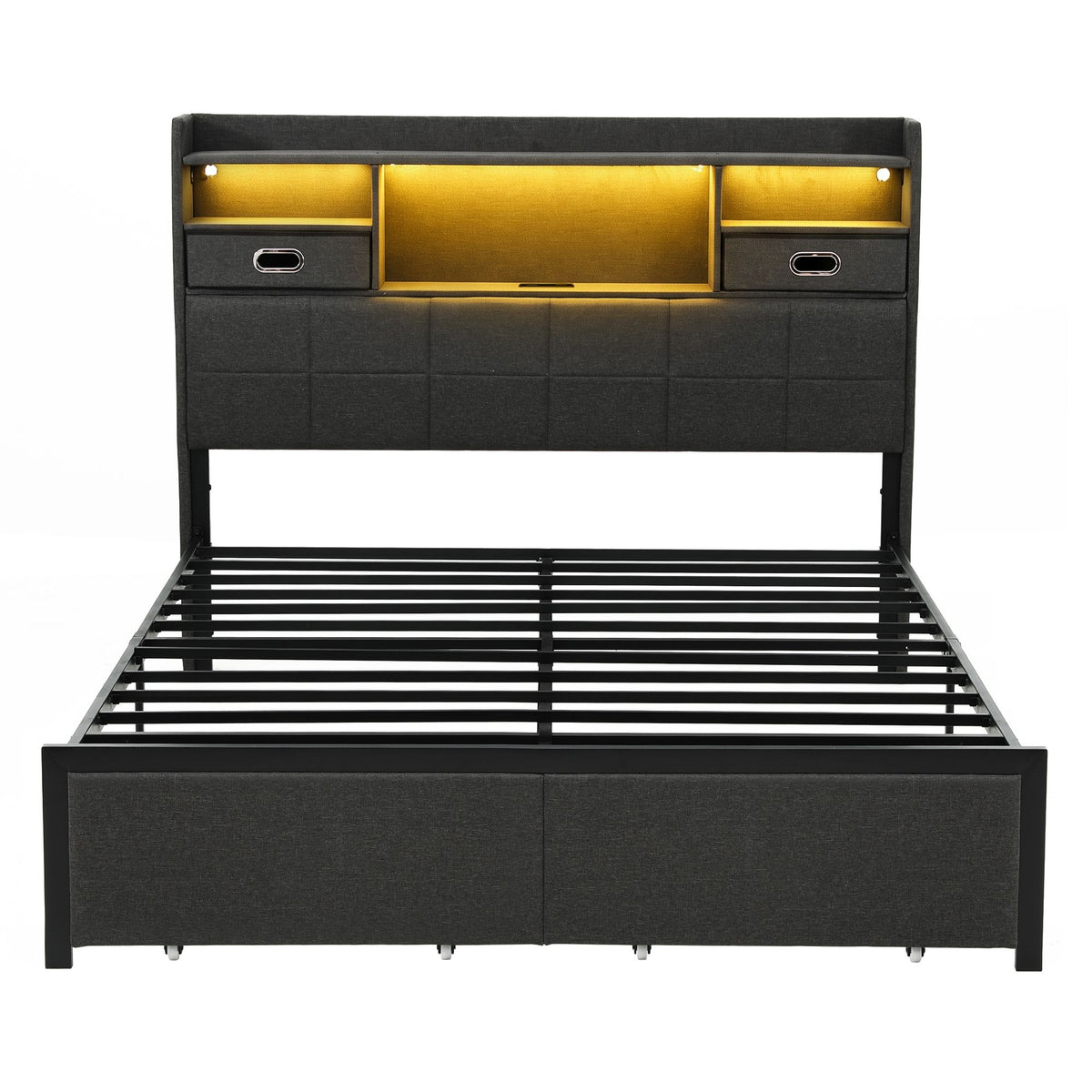 Artiss Queen Bed Frame with Storage Drawers & Headboard, 2 Drawer, USB, LED